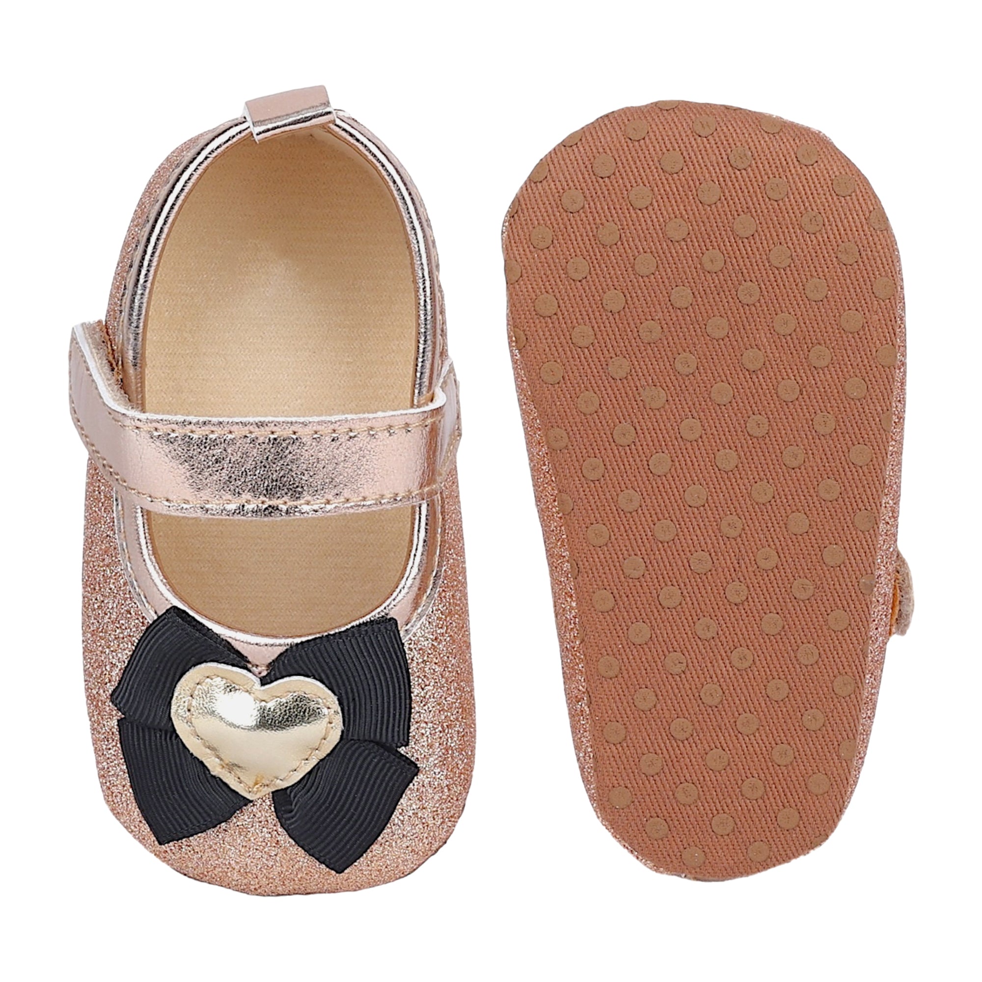 Baby Moo Golden Heart On Bow Glittery Anti-Skid Ballerina Booties - Gold