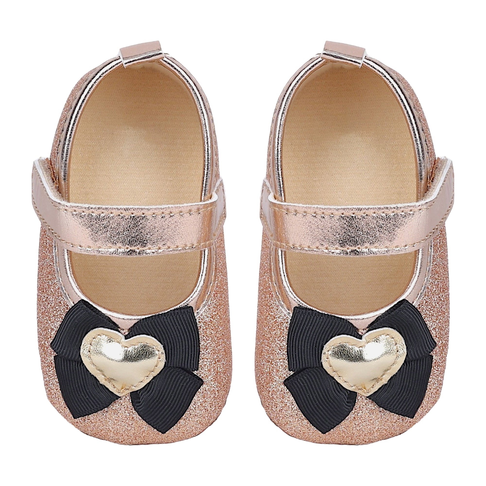 Baby Moo Golden Heart On Bow Glittery Anti-Skid Ballerina Booties - Gold