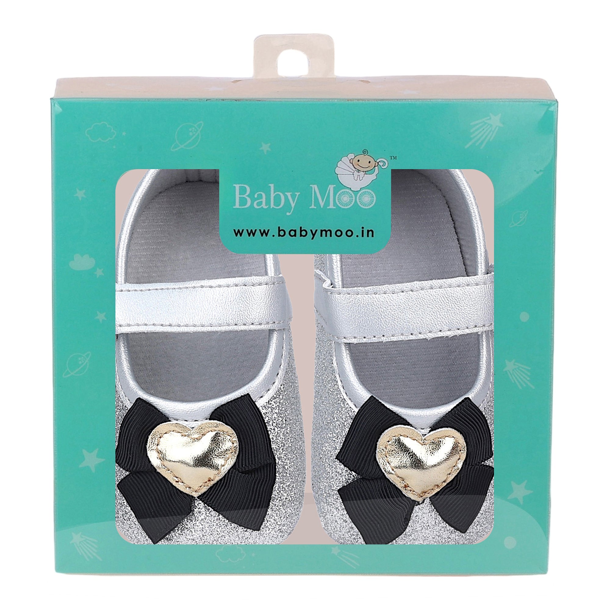 Baby Moo Golden Heart On Bow Glittery Anti-Skid Ballerina Booties - Silver