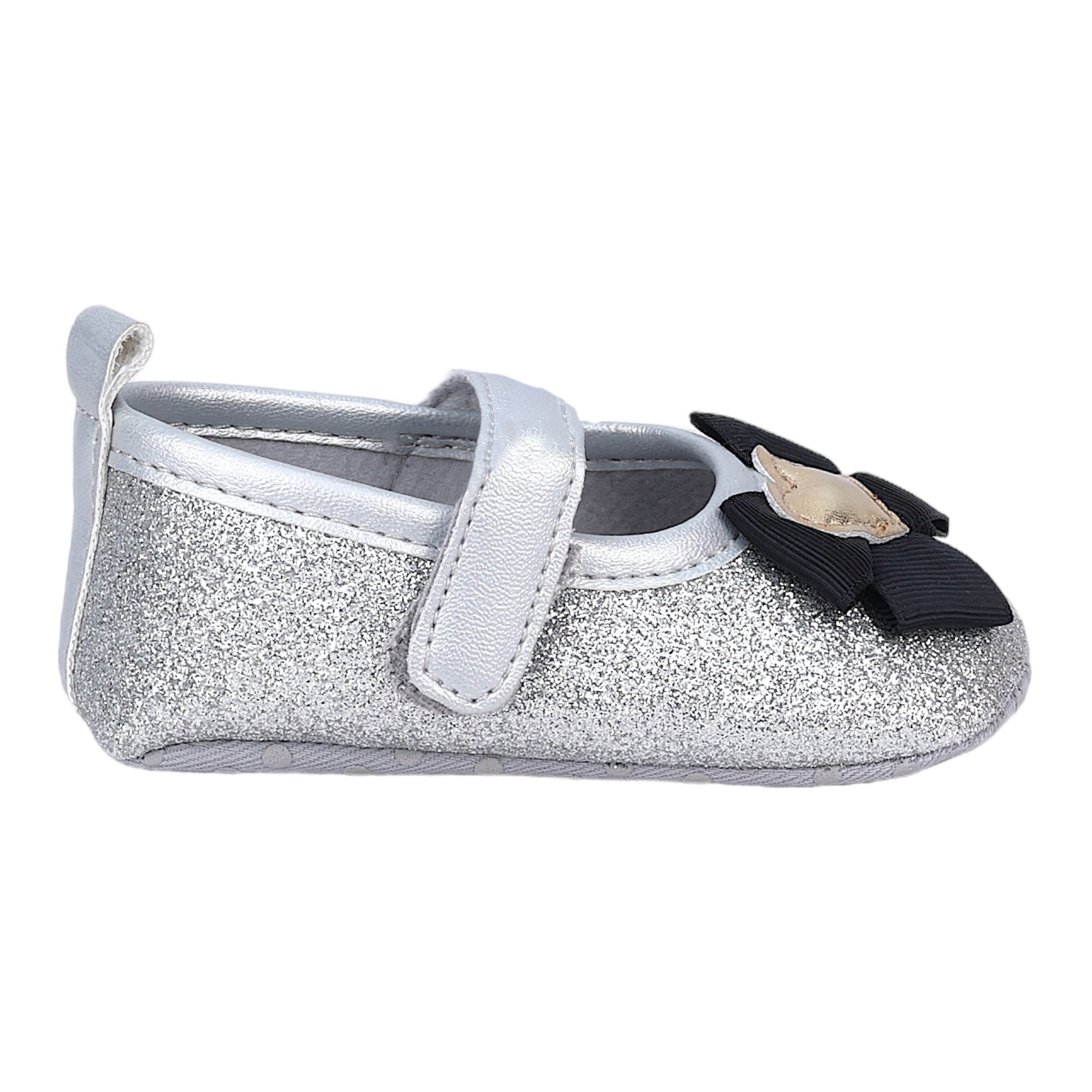 Baby Moo Golden Heart On Bow Glittery Anti-Skid Ballerina Booties - Silver