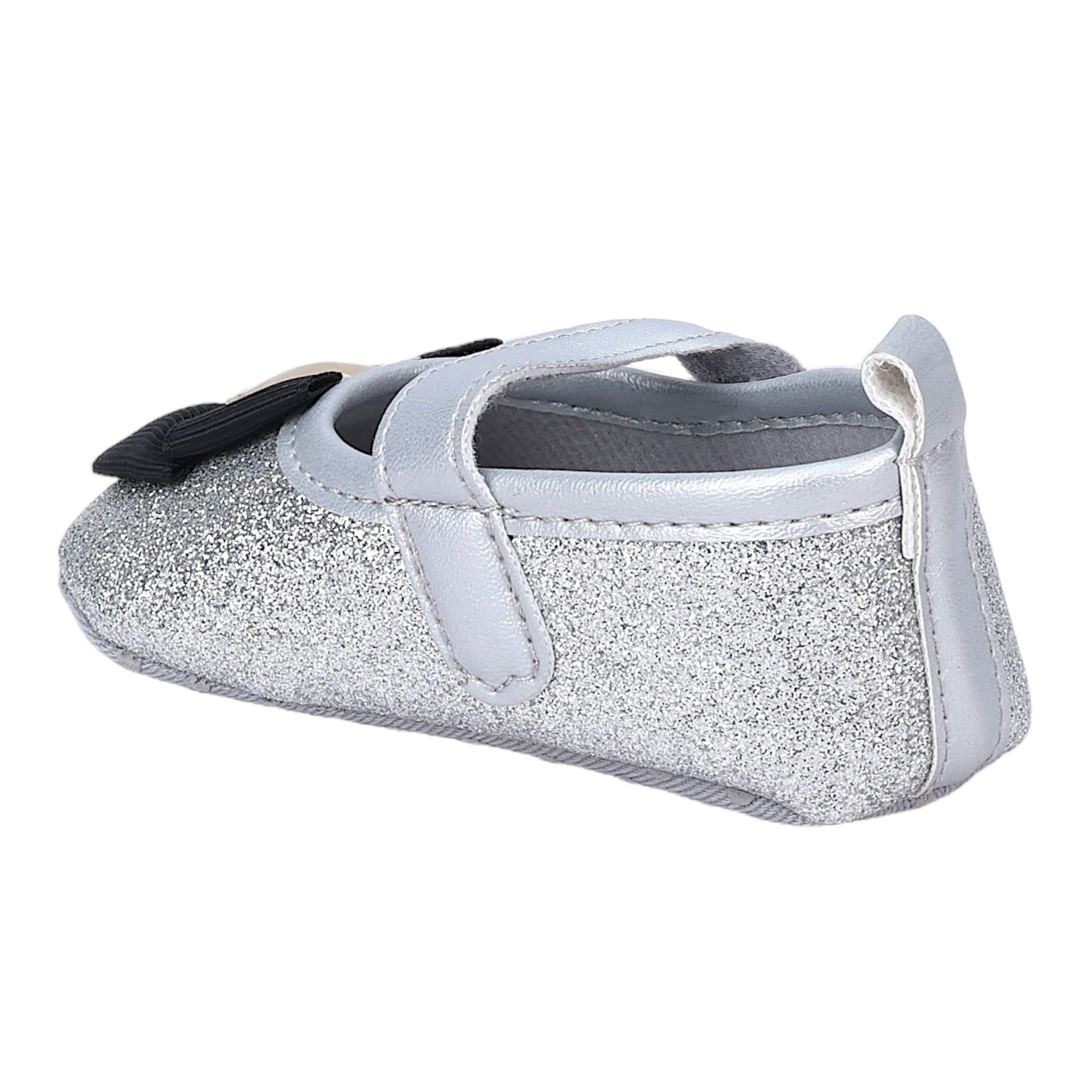 Baby Moo Golden Heart On Bow Glittery Anti-Skid Ballerina Booties - Silver