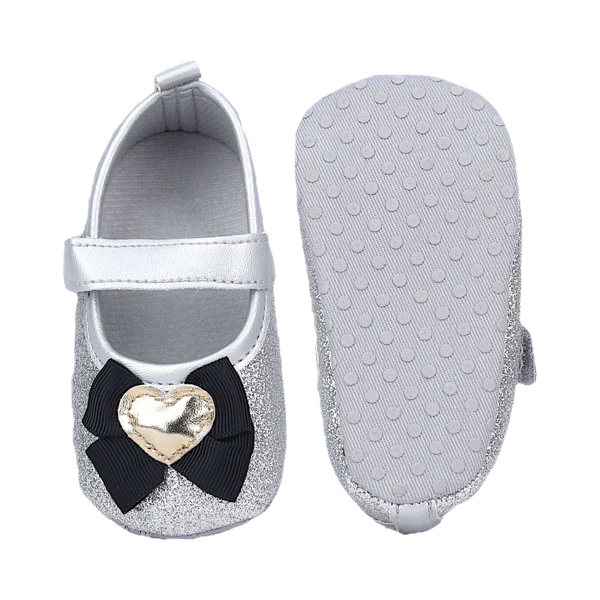 Baby Moo Golden Heart On Bow Glittery Anti-Skid Ballerina Booties - Silver