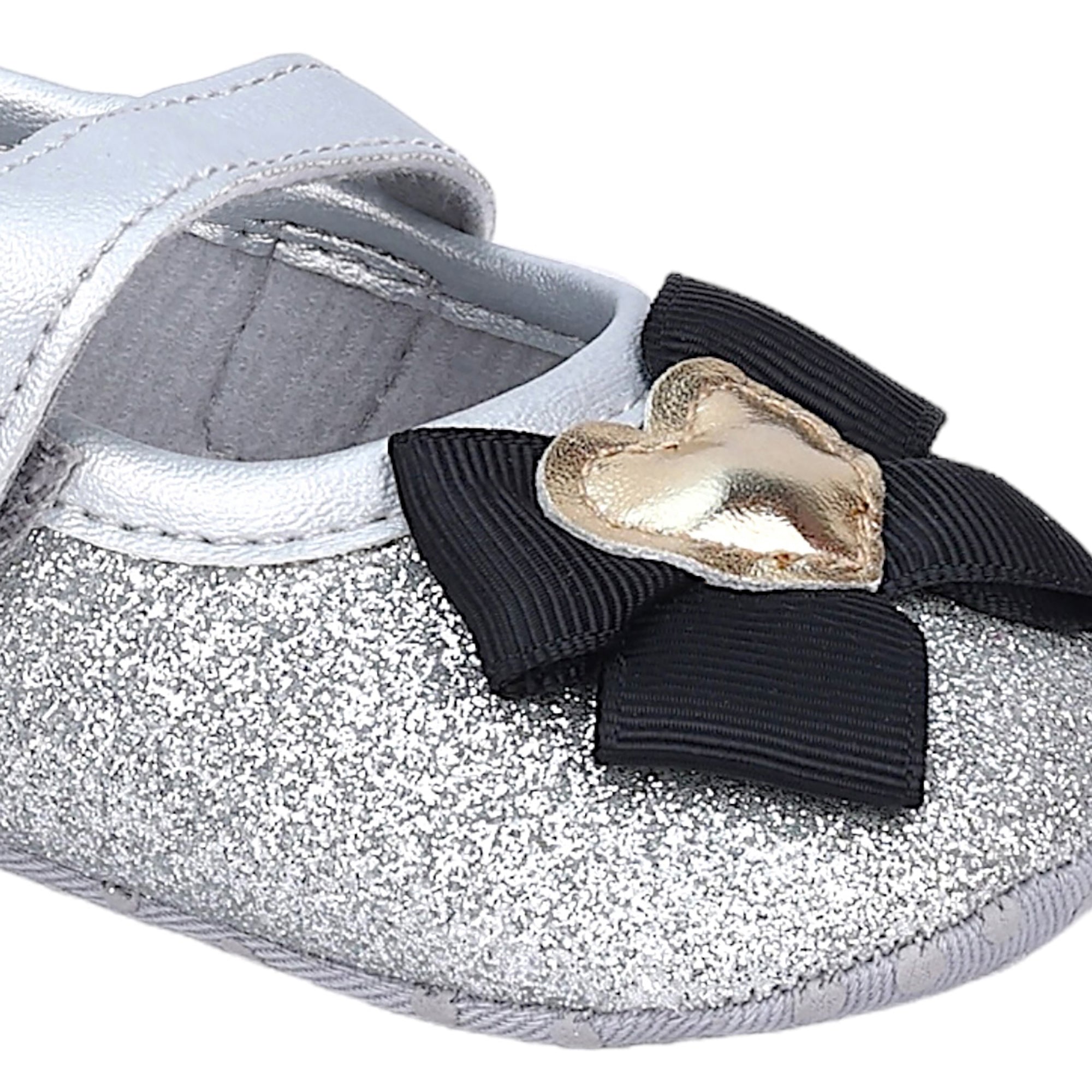 Baby Moo Golden Heart On Bow Glittery Anti-Skid Ballerina Booties - Silver