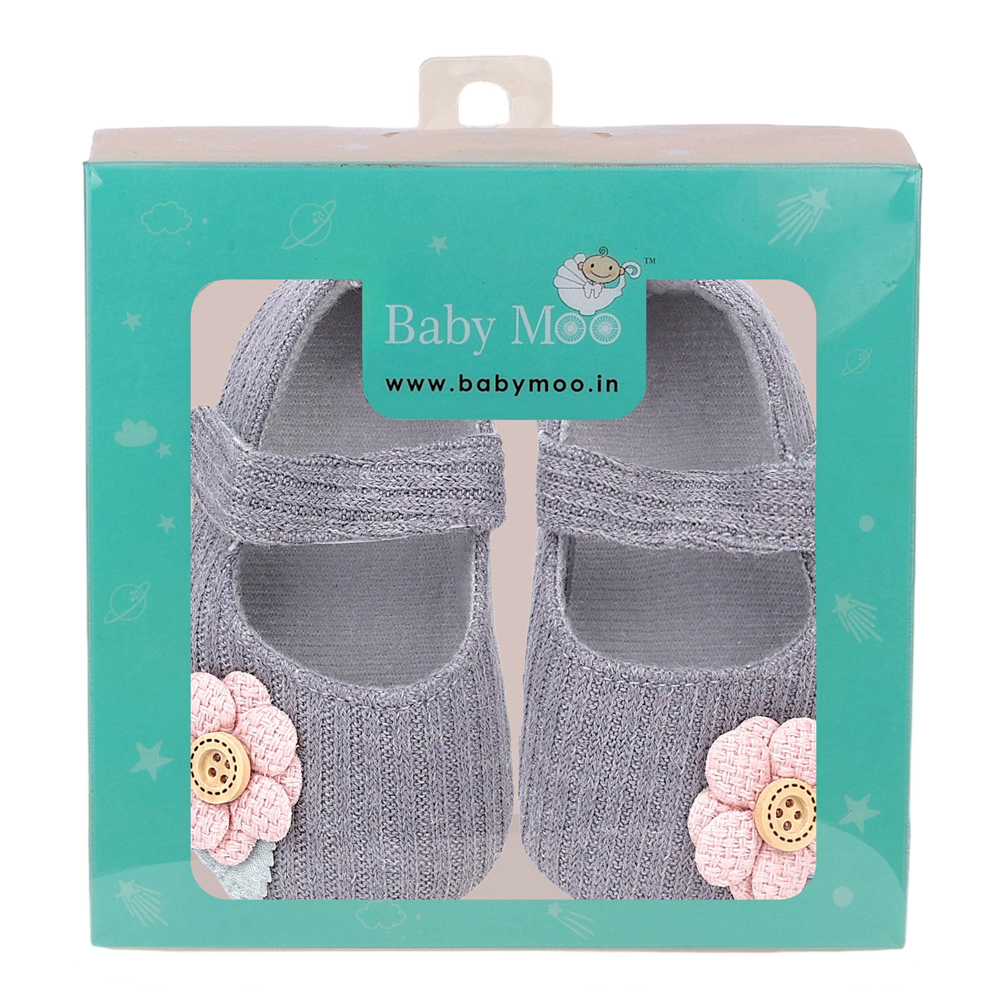 Baby Moo 3D Flower Button Velcro Strap Anti-Skid Ballerina Booties - Grey