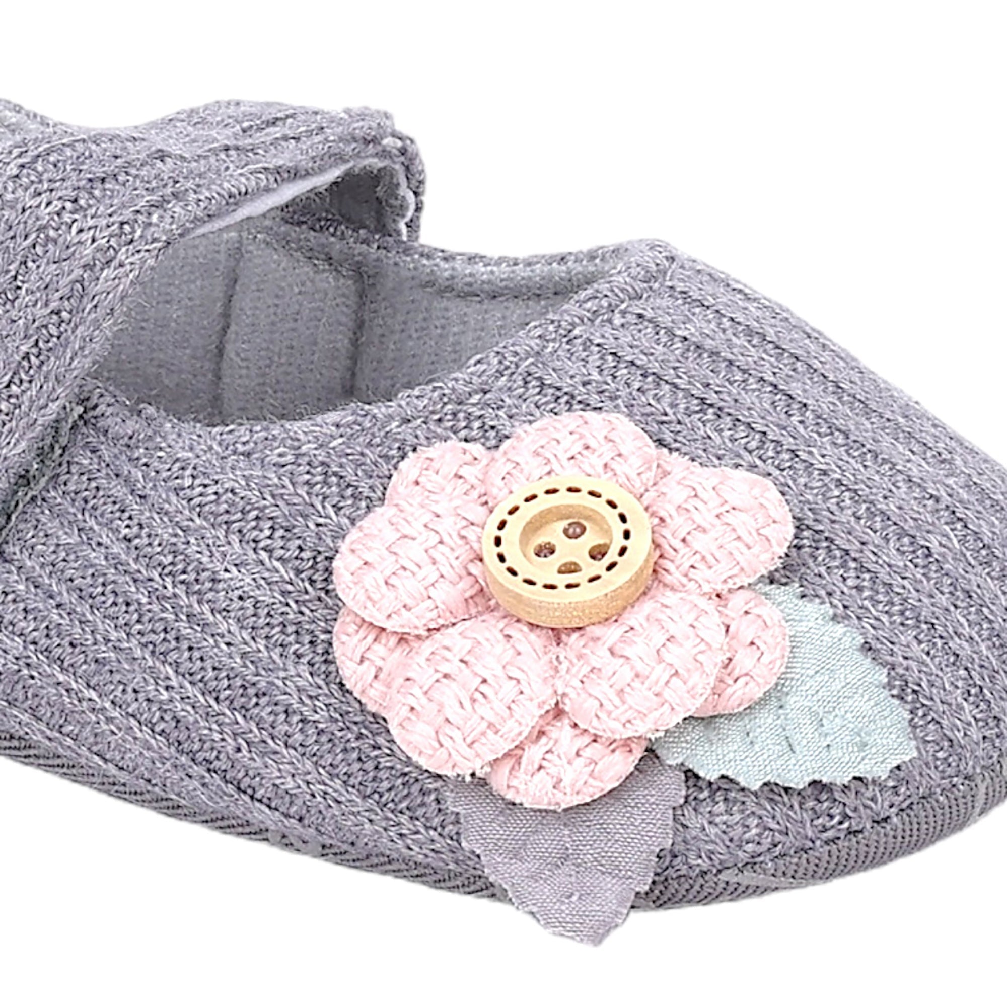 Baby Moo 3D Flower Button Velcro Strap Anti-Skid Ballerina Booties - Grey
