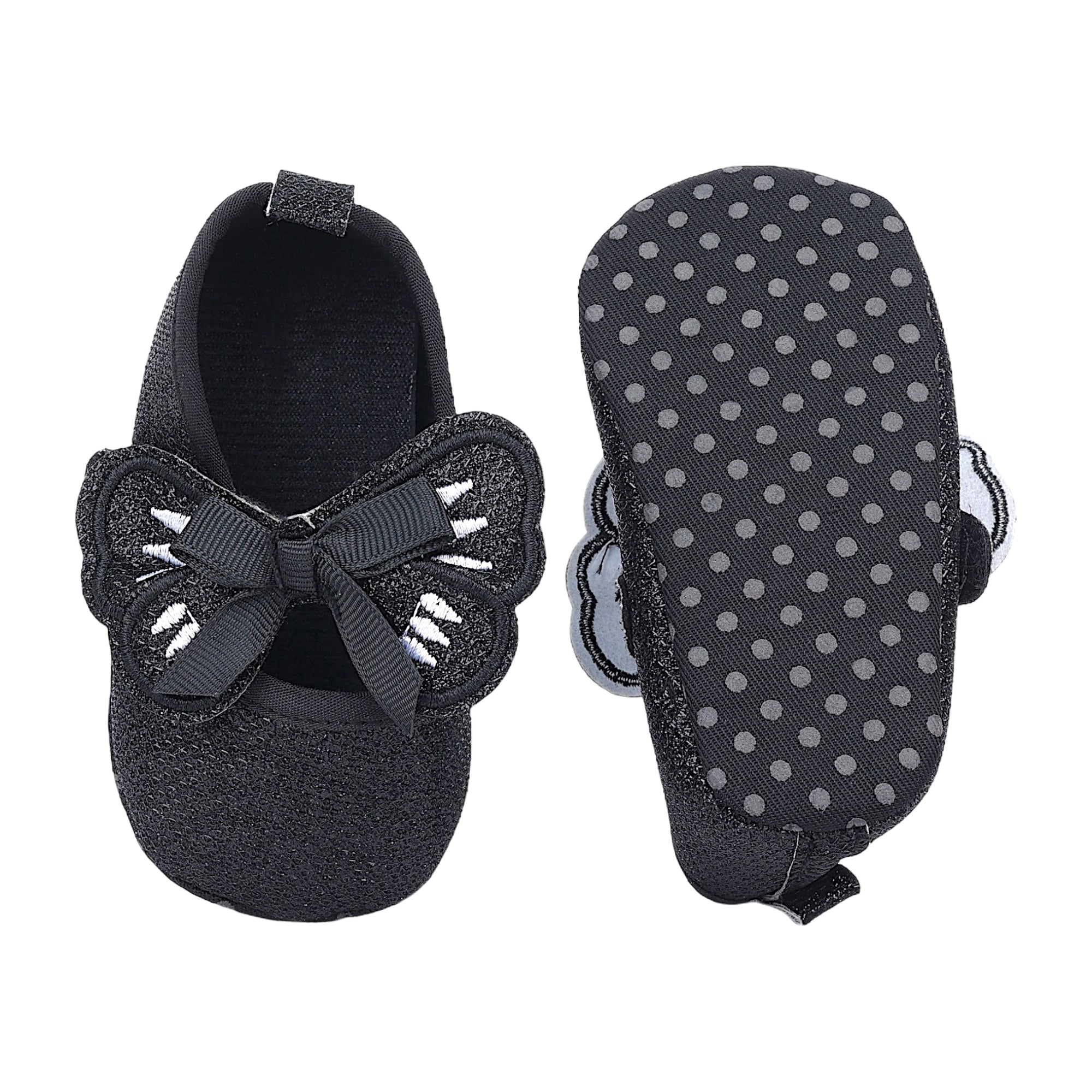 Baby Moo Butterfly Bow Shiny Party Anti-Skid Ballerina Booties - Black