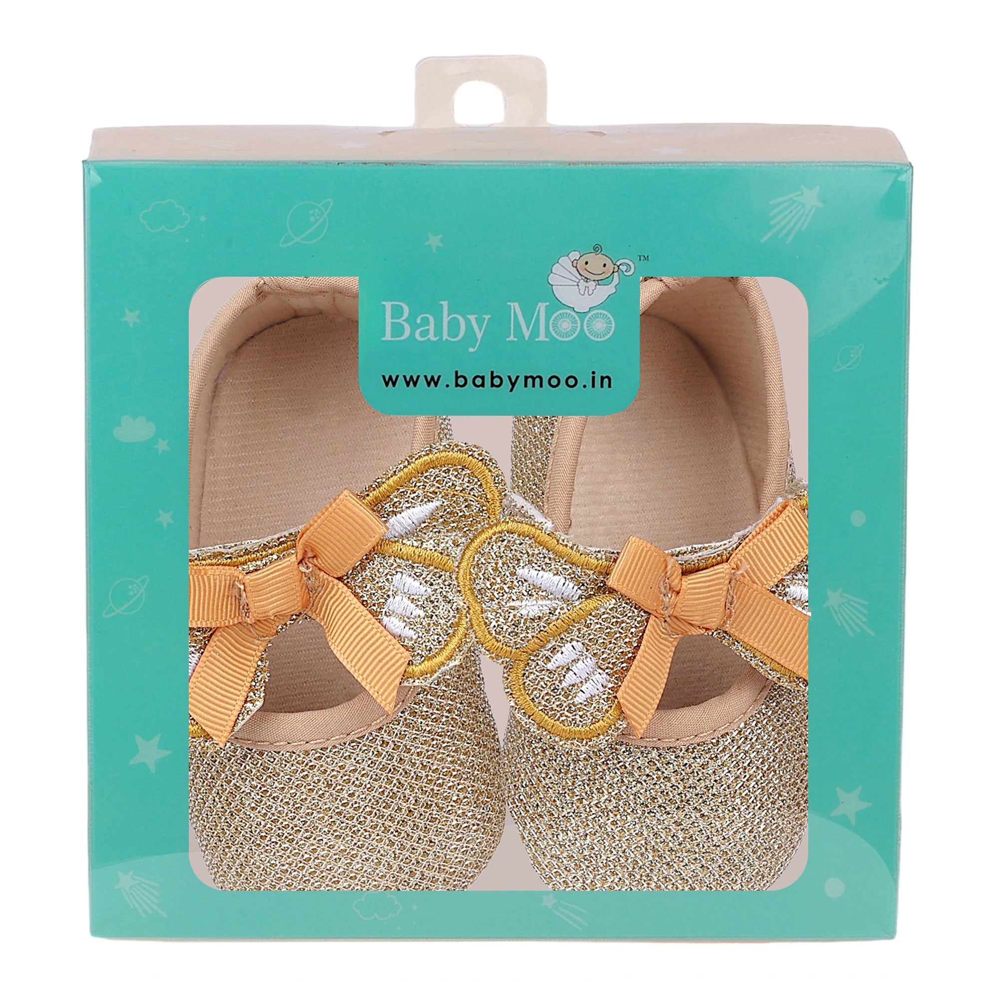 Baby Moo Butterfly Bow Shiny Party Anti-Skid Ballerina Booties - Gold