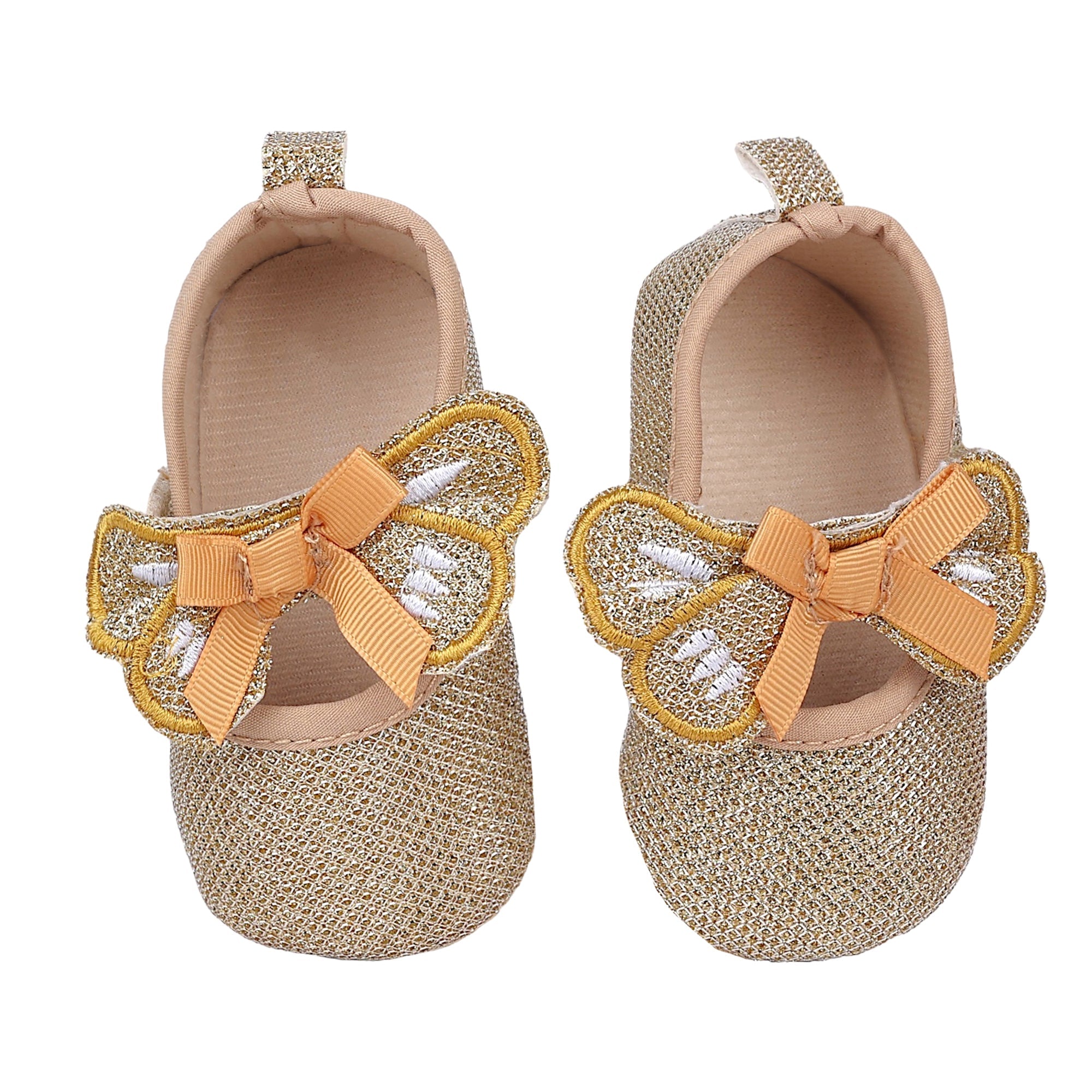 Baby Moo Butterfly Bow Shiny Party Anti-Skid Ballerina Booties - Gold