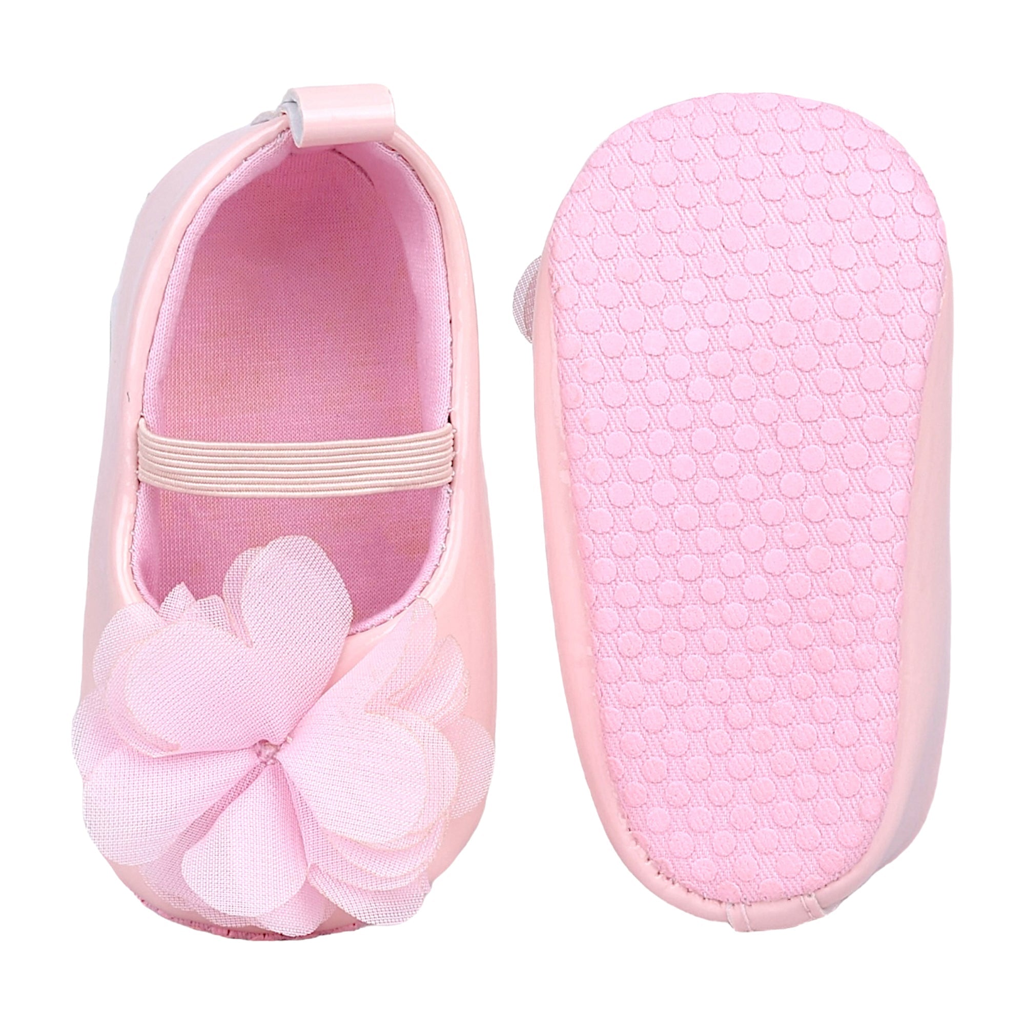 Baby Moo Embellished Flower Patent Leather Slip-On Anti-Skid Ballerina Booties - Pink