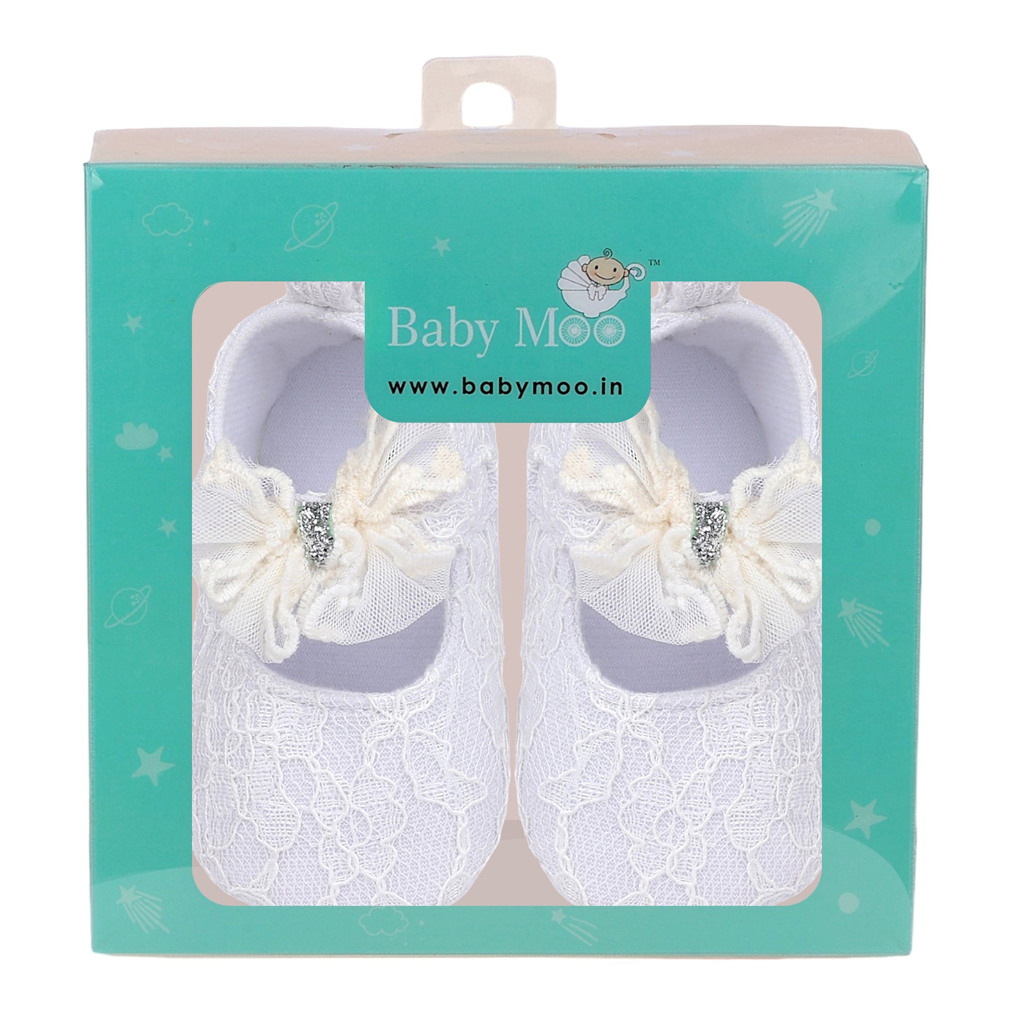 Baby Moo Lace Glitter Bow Velcro Strap Anti-Skid Ballerina Booties - White