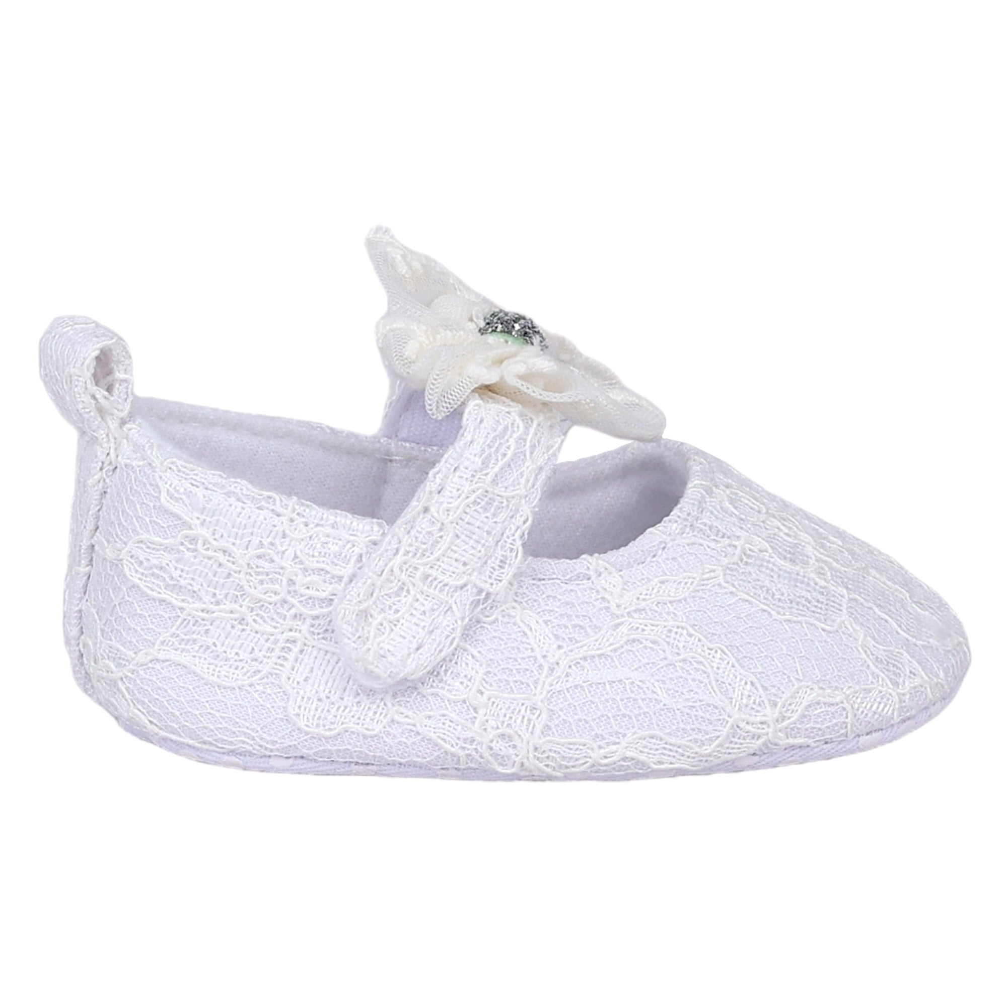 Baby Moo Lace Glitter Bow Velcro Strap Anti-Skid Ballerina Booties - White