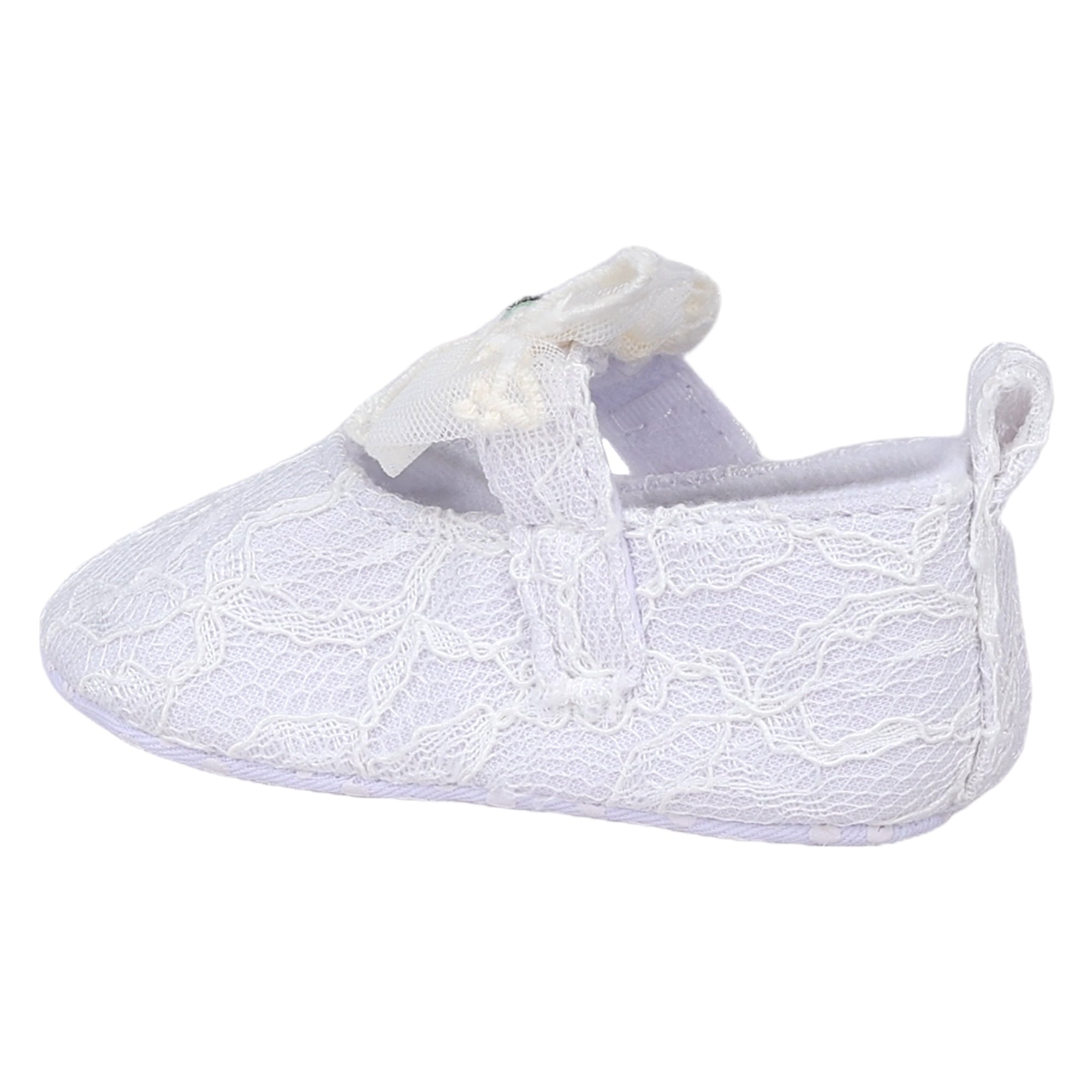 Baby Moo Lace Glitter Bow Velcro Strap Anti-Skid Ballerina Booties - White