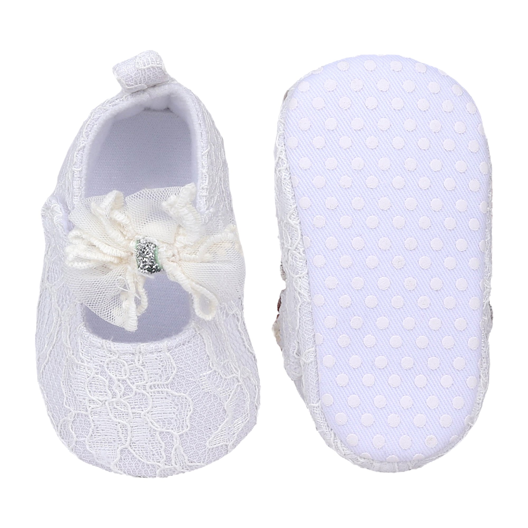 Baby Moo Lace Glitter Bow Velcro Strap Anti-Skid Ballerina Booties - White