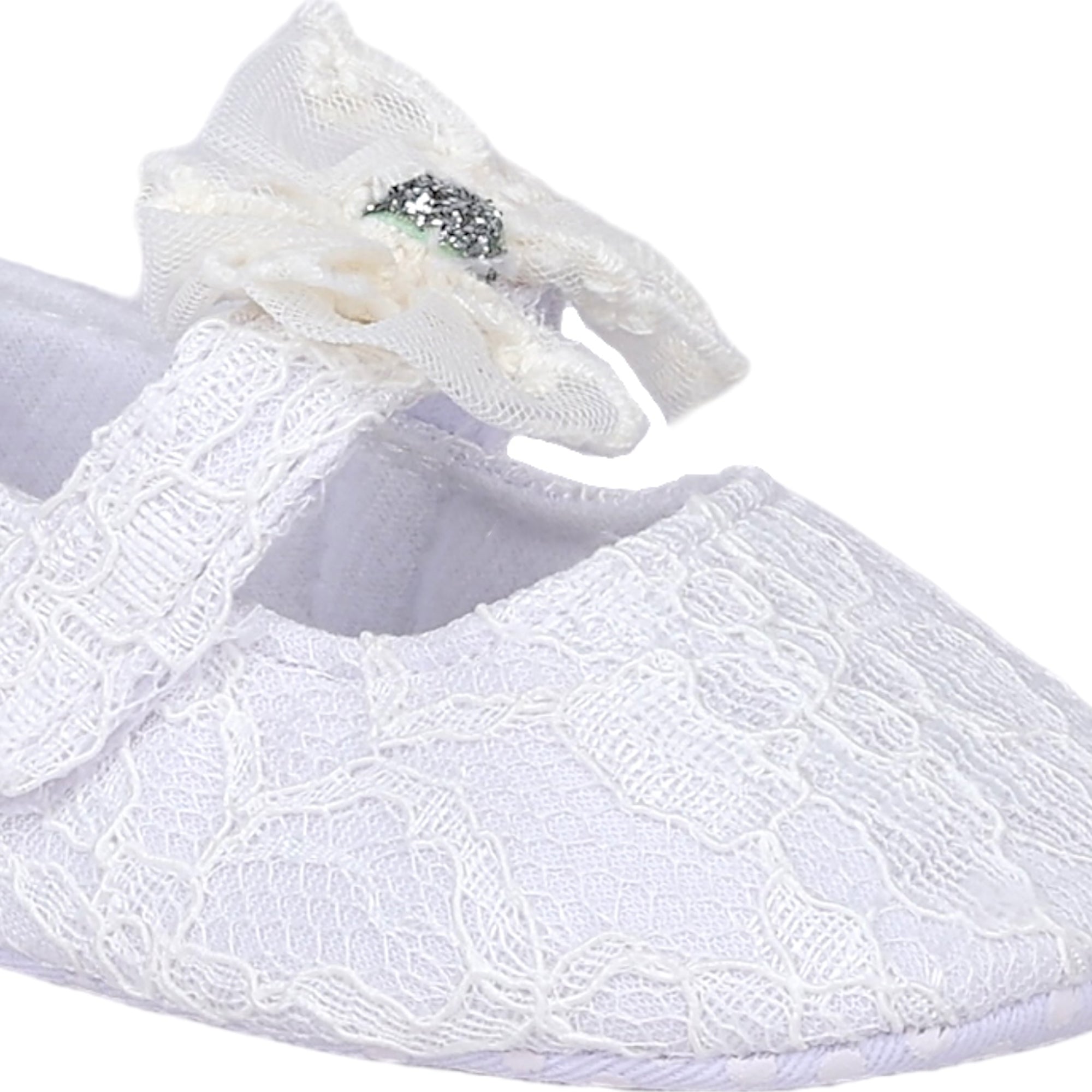 Baby Moo Lace Glitter Bow Velcro Strap Anti-Skid Ballerina Booties - White