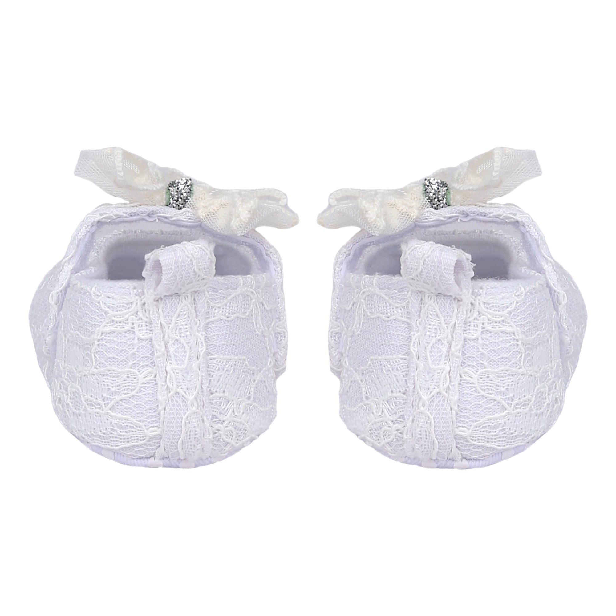 Baby Moo Lace Glitter Bow Velcro Strap Anti-Skid Ballerina Booties - White