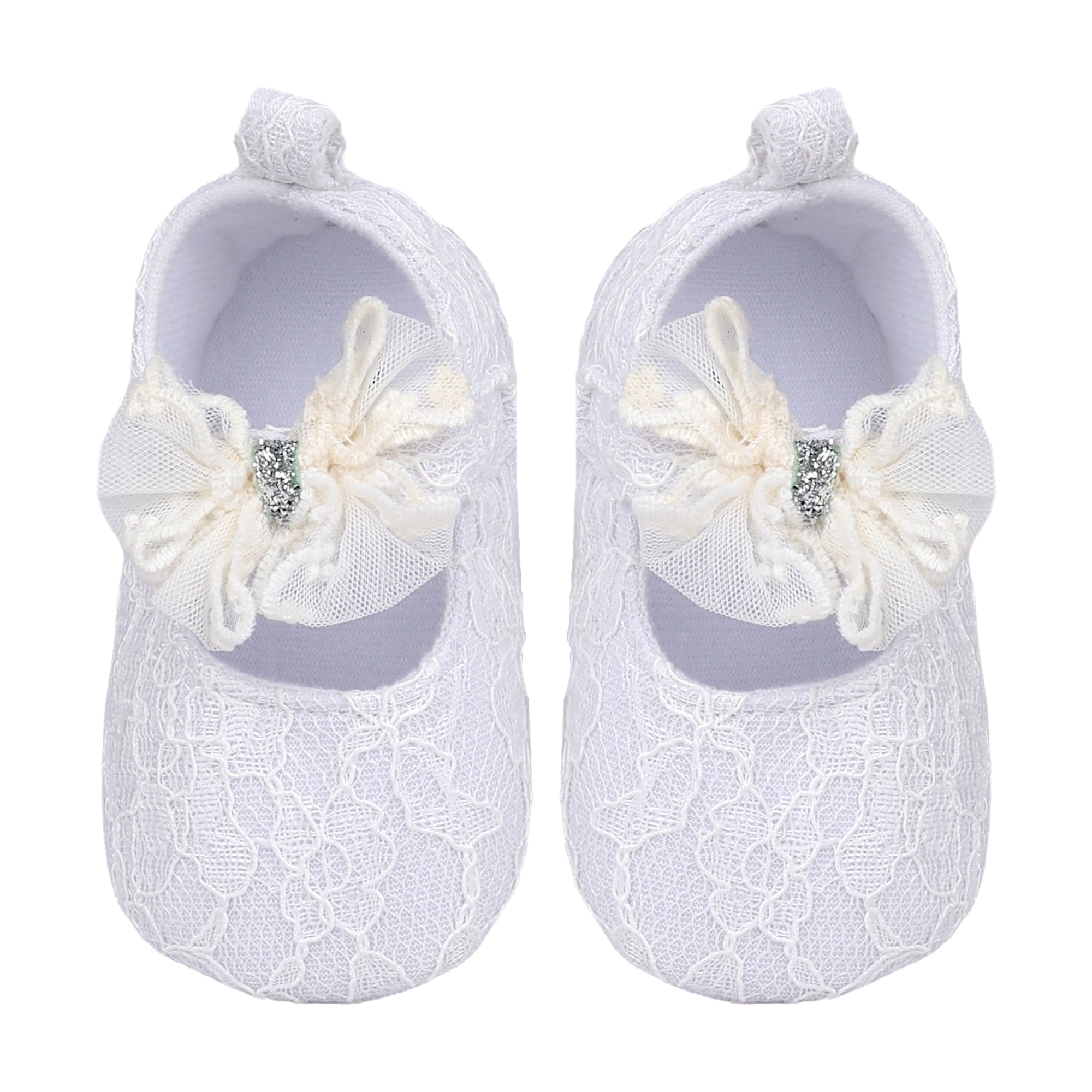 Baby Moo Lace Glitter Bow Velcro Strap Anti-Skid Ballerina Booties - White