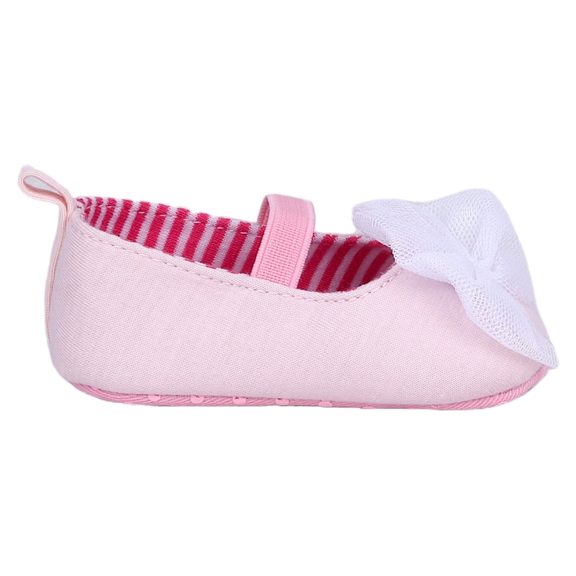 Baby Moo Tulle Bow Elastic Strap Slip-On Anti-Skid Ballerina Booties - Pink