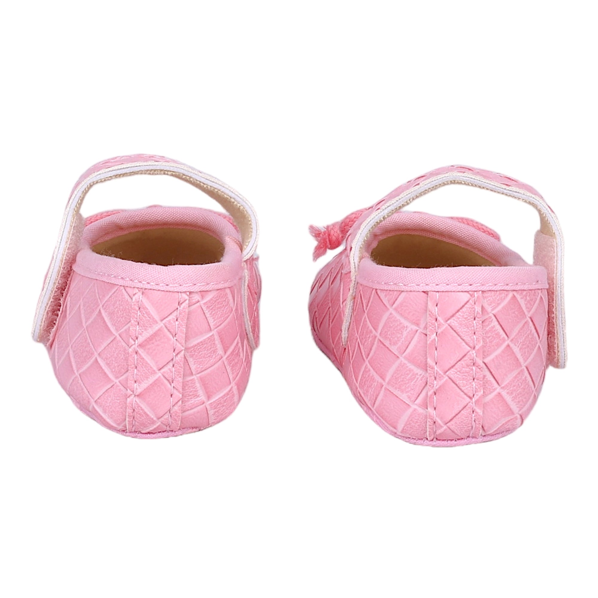 Baby Moo Bow Knot Velcro Strap Textured Leather Anti-Skid Ballerina Booties - Pink