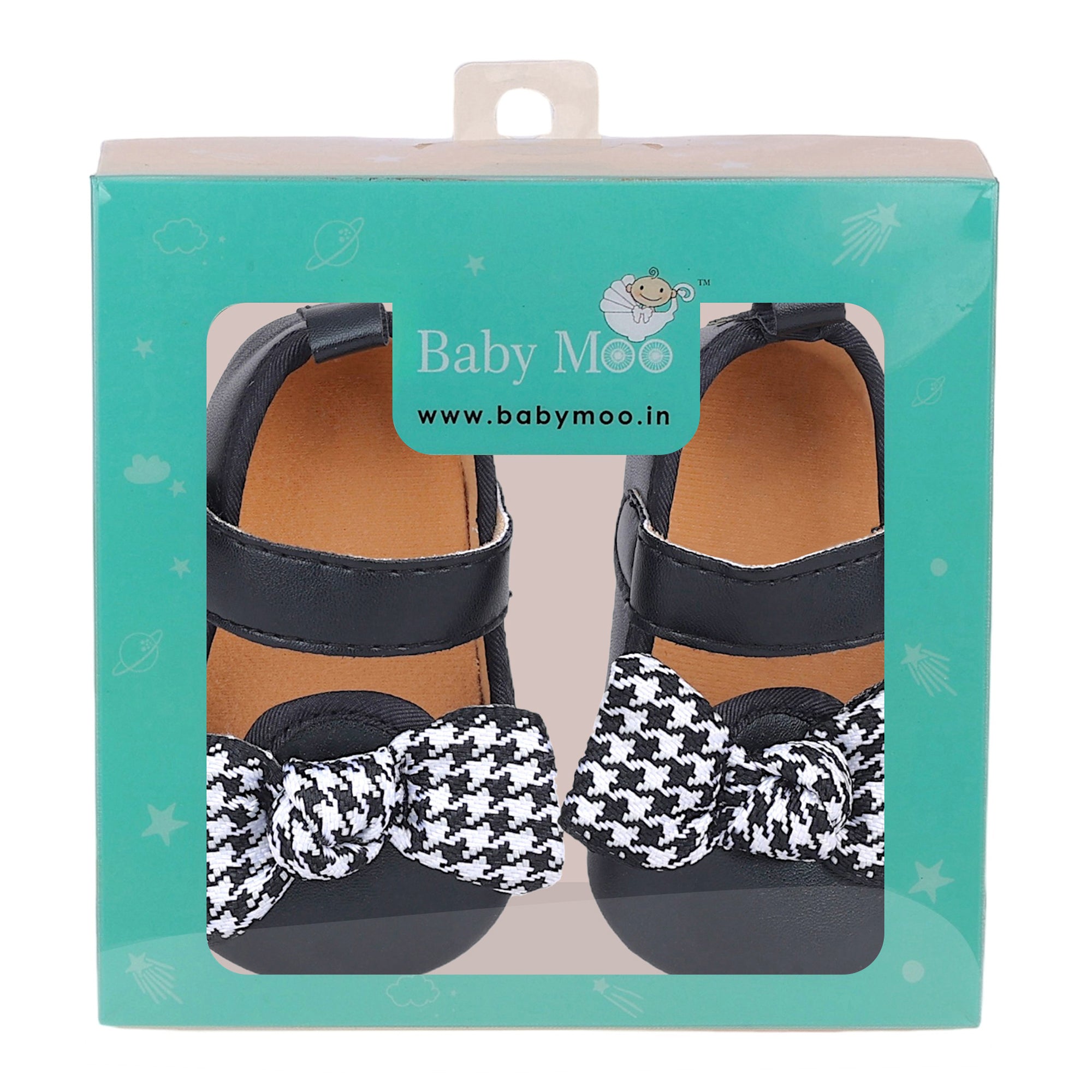 Baby Moo Houndstooth Bow Knot Velcro Strap Anti-Skid Ballerina Booties - Black