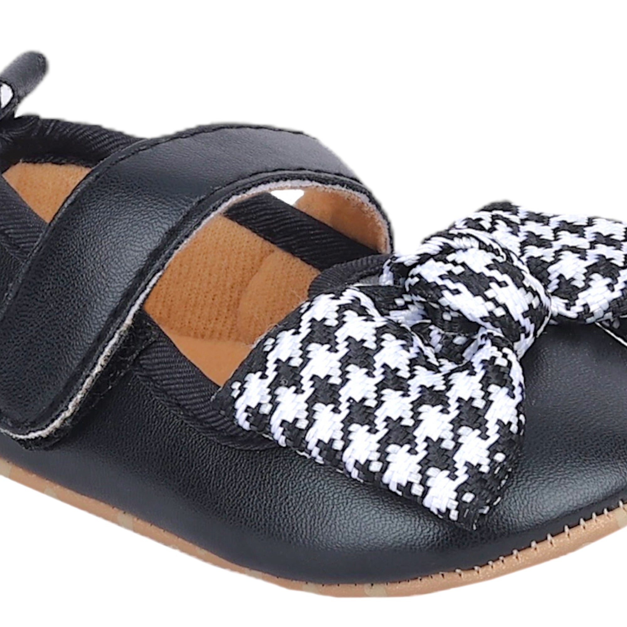 Baby Moo Houndstooth Bow Knot Velcro Strap Anti-Skid Ballerina Booties - Black