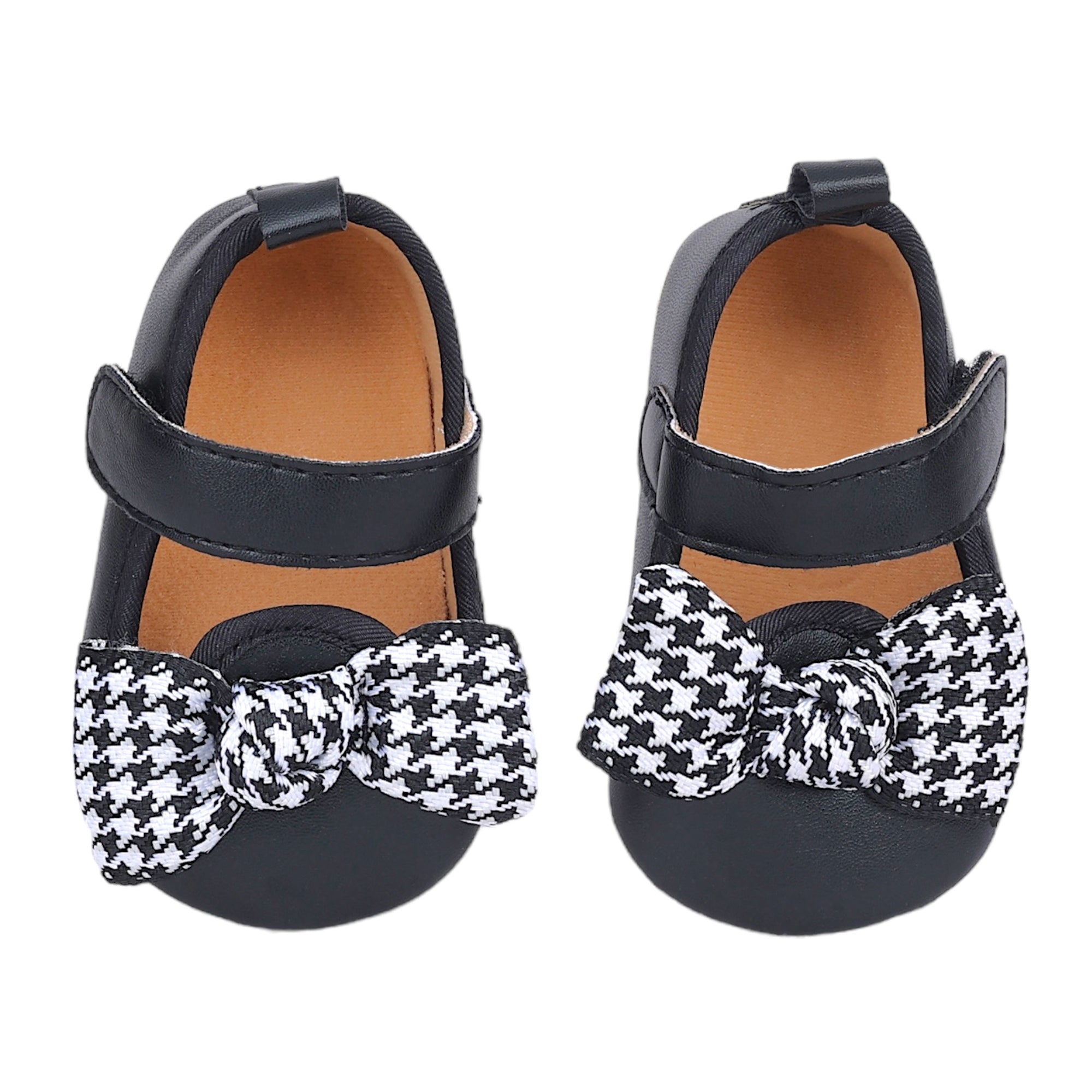 Baby Moo Houndstooth Bow Knot Velcro Strap Anti-Skid Ballerina Booties - Black