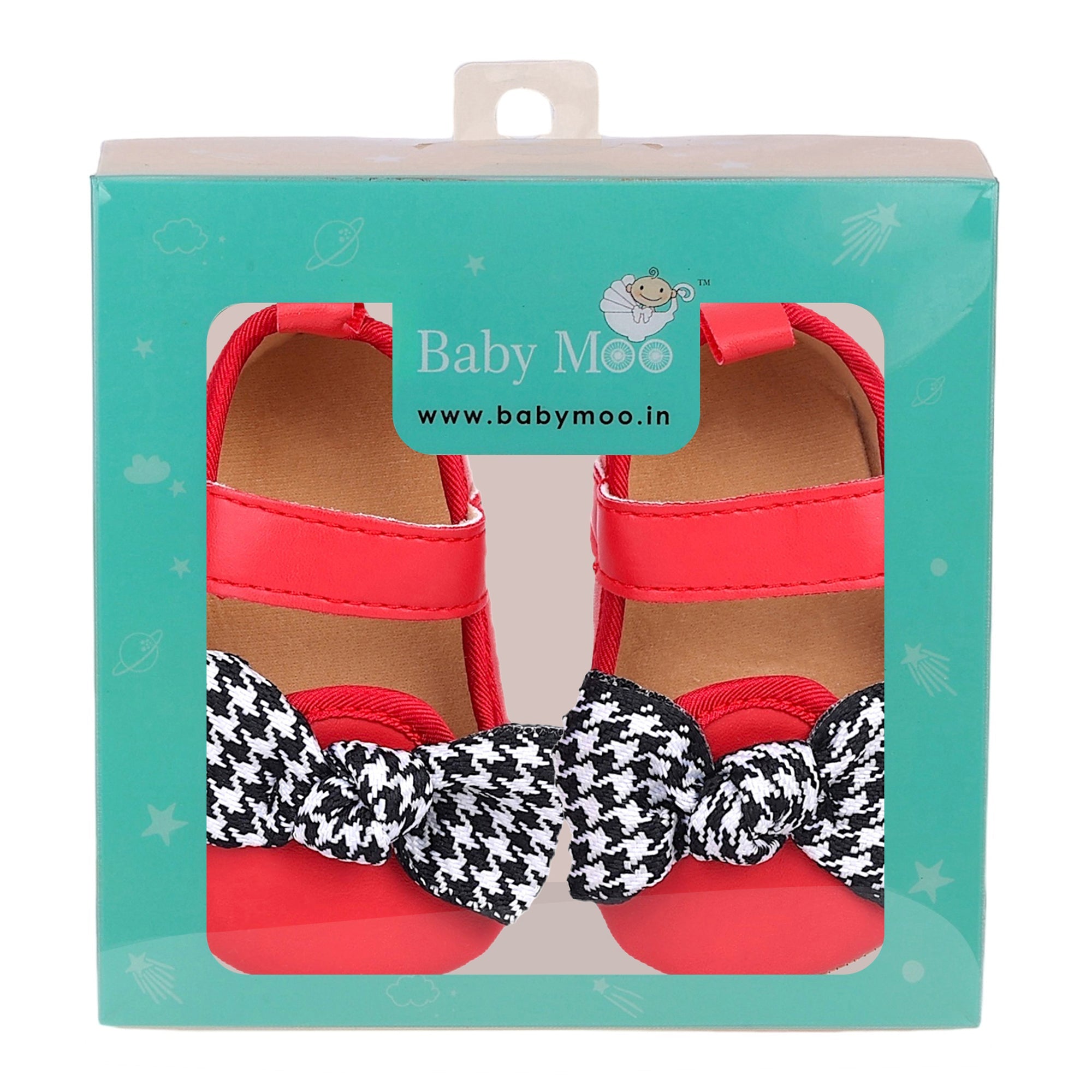 Baby Moo Houndstooth Bow Knot Velcro Strap Anti-Skid Ballerina Booties - Red