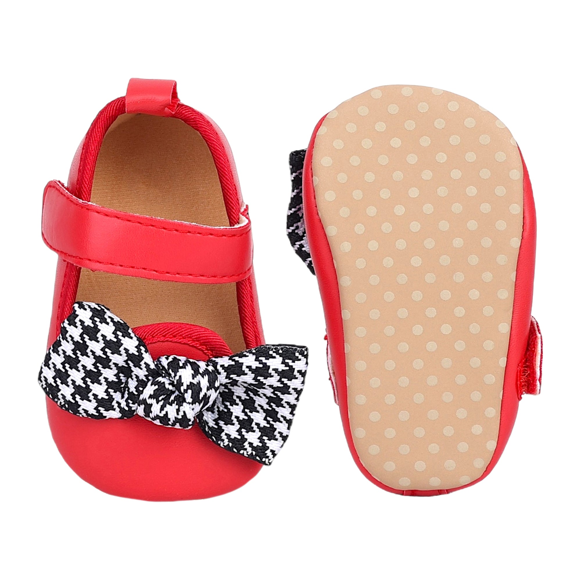 Baby Moo Houndstooth Bow Knot Velcro Strap Anti-Skid Ballerina Booties - Red