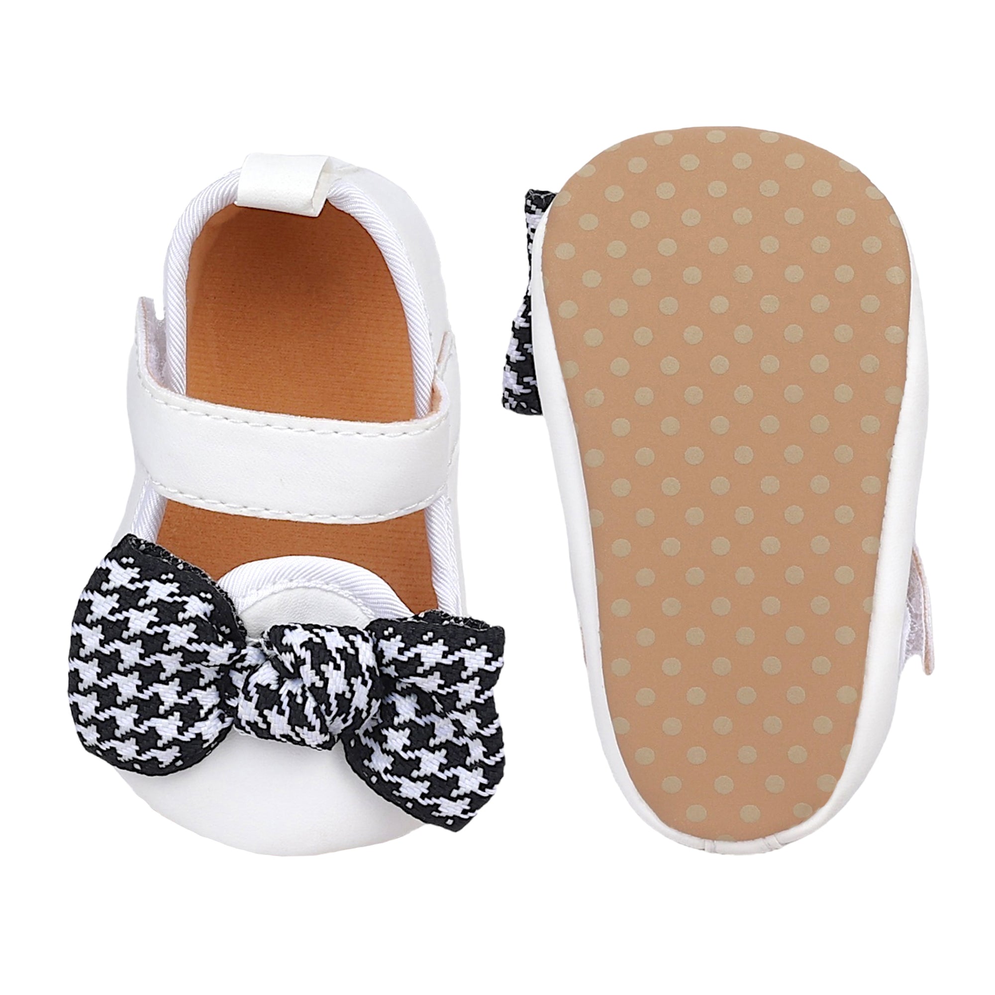 Baby Moo Houndstooth Bow Knot Velcro Strap Anti-Skid Ballerina Booties - White