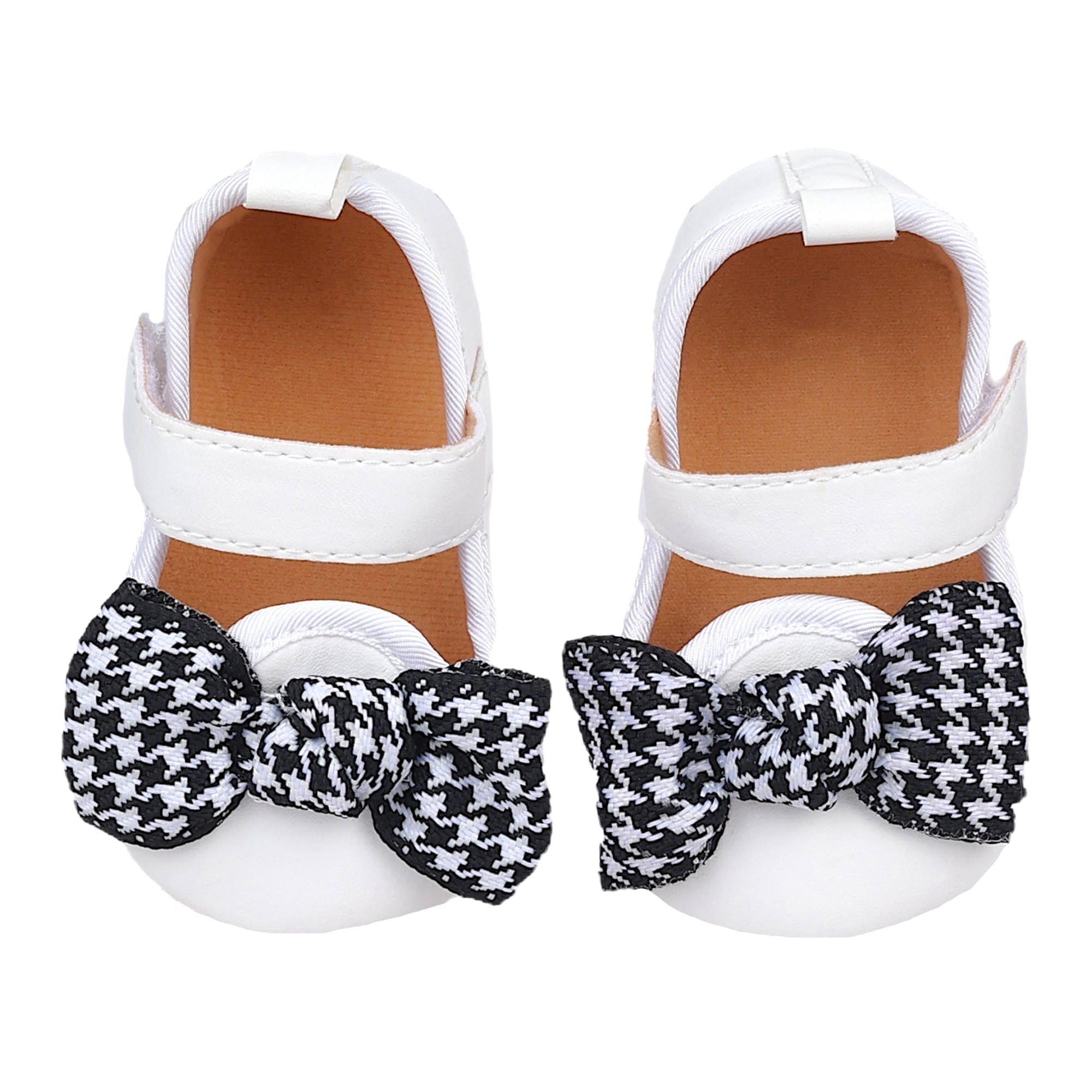 Baby Moo Houndstooth Bow Knot Velcro Strap Anti-Skid Ballerina Booties - White