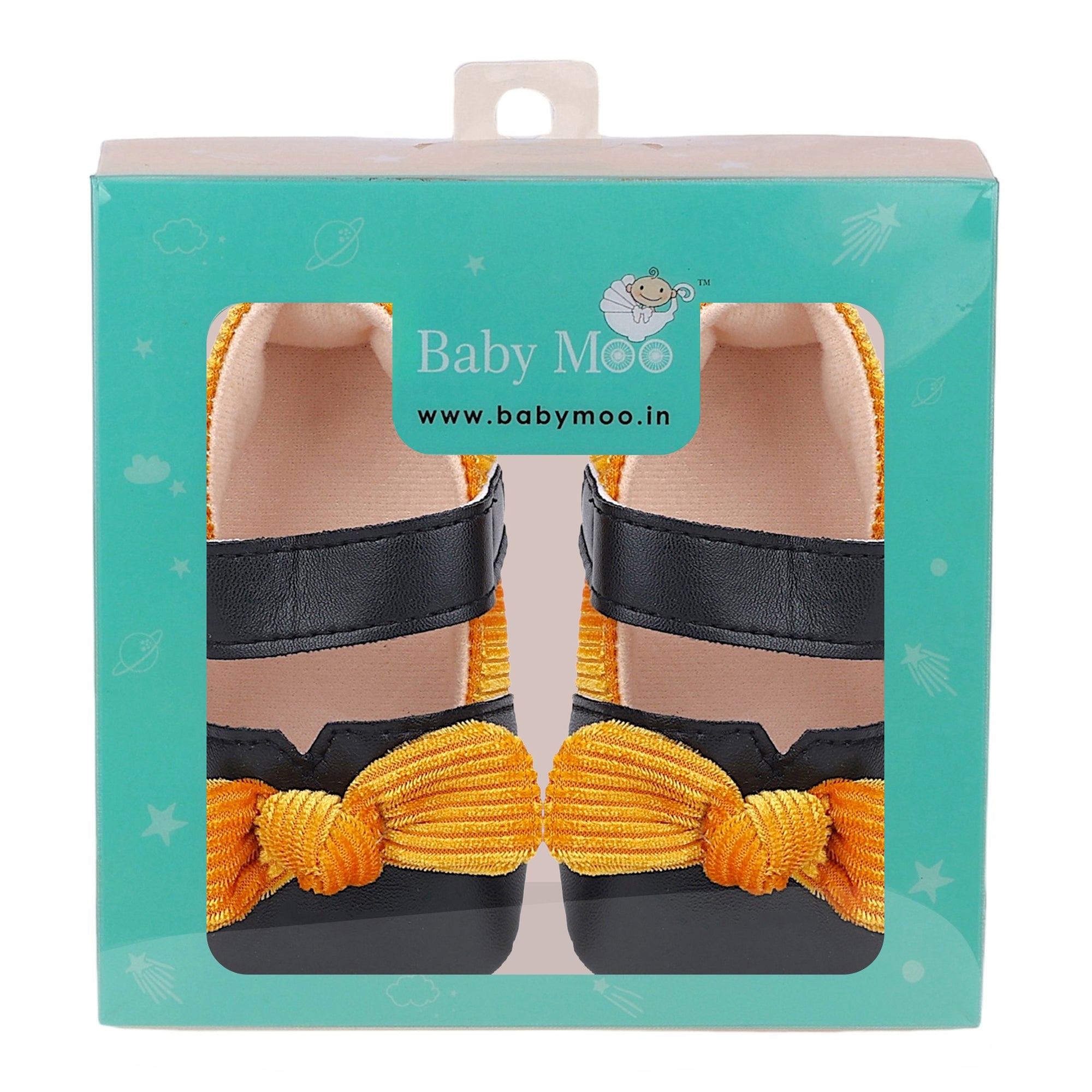 Baby Moo Corduroy Bow Knot Velcro Strap Anti-Skid Ballerina Booties - Black