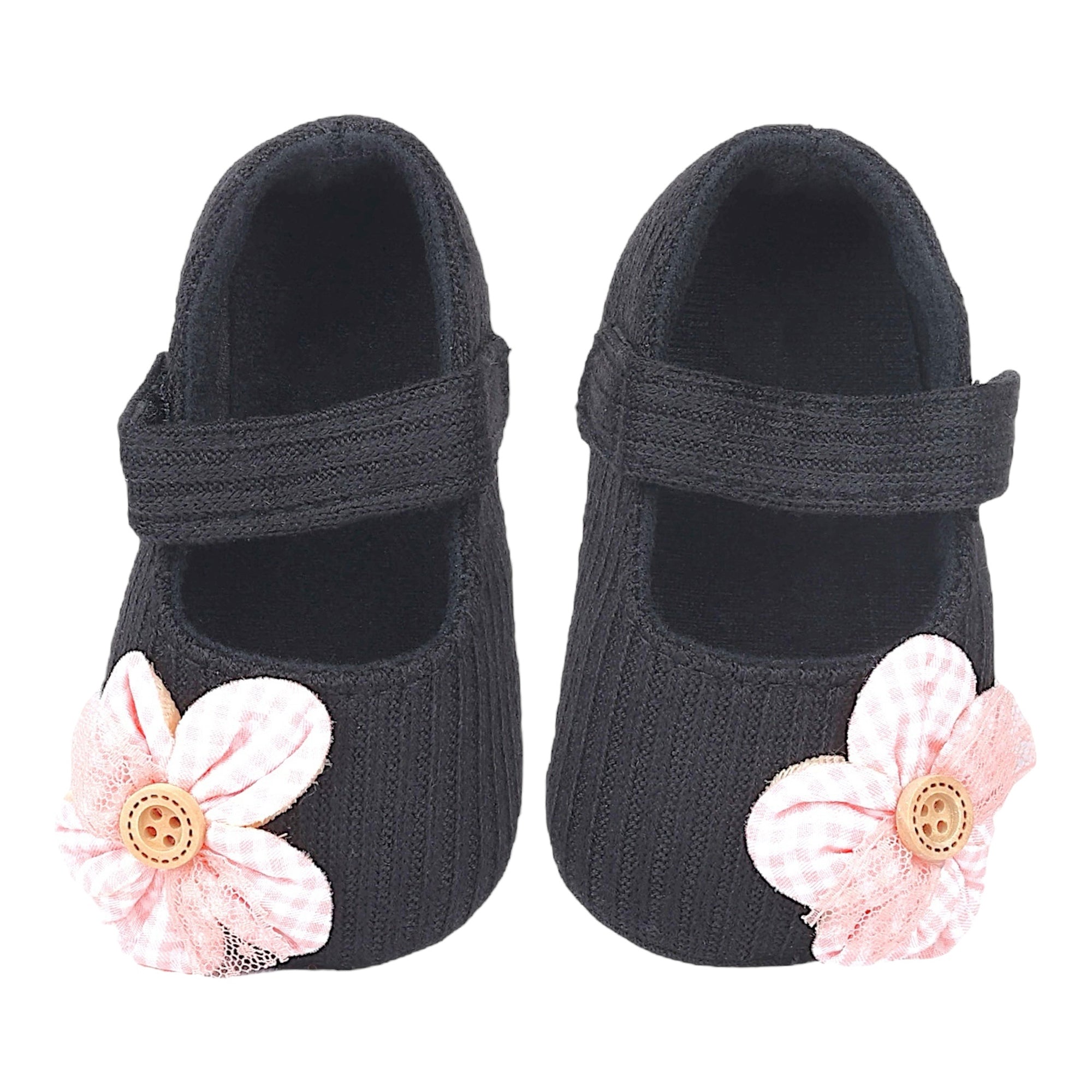 Baby Moo Flower Button Velcro Strap Ribbed Anti-Skid Ballerina Booties - Black, Peach