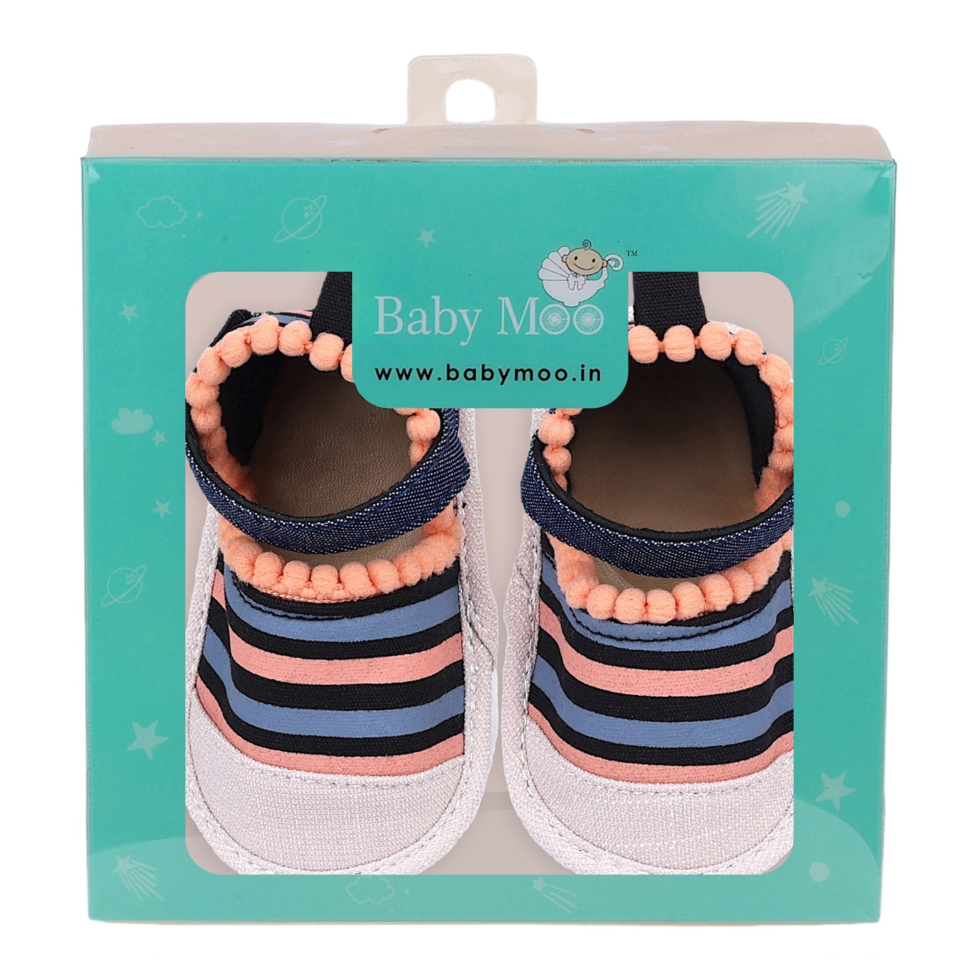 Baby Moo Striped Handmade Pom Pom Trim Velcro Straps Anti-Skid Sandals - Peach, Black