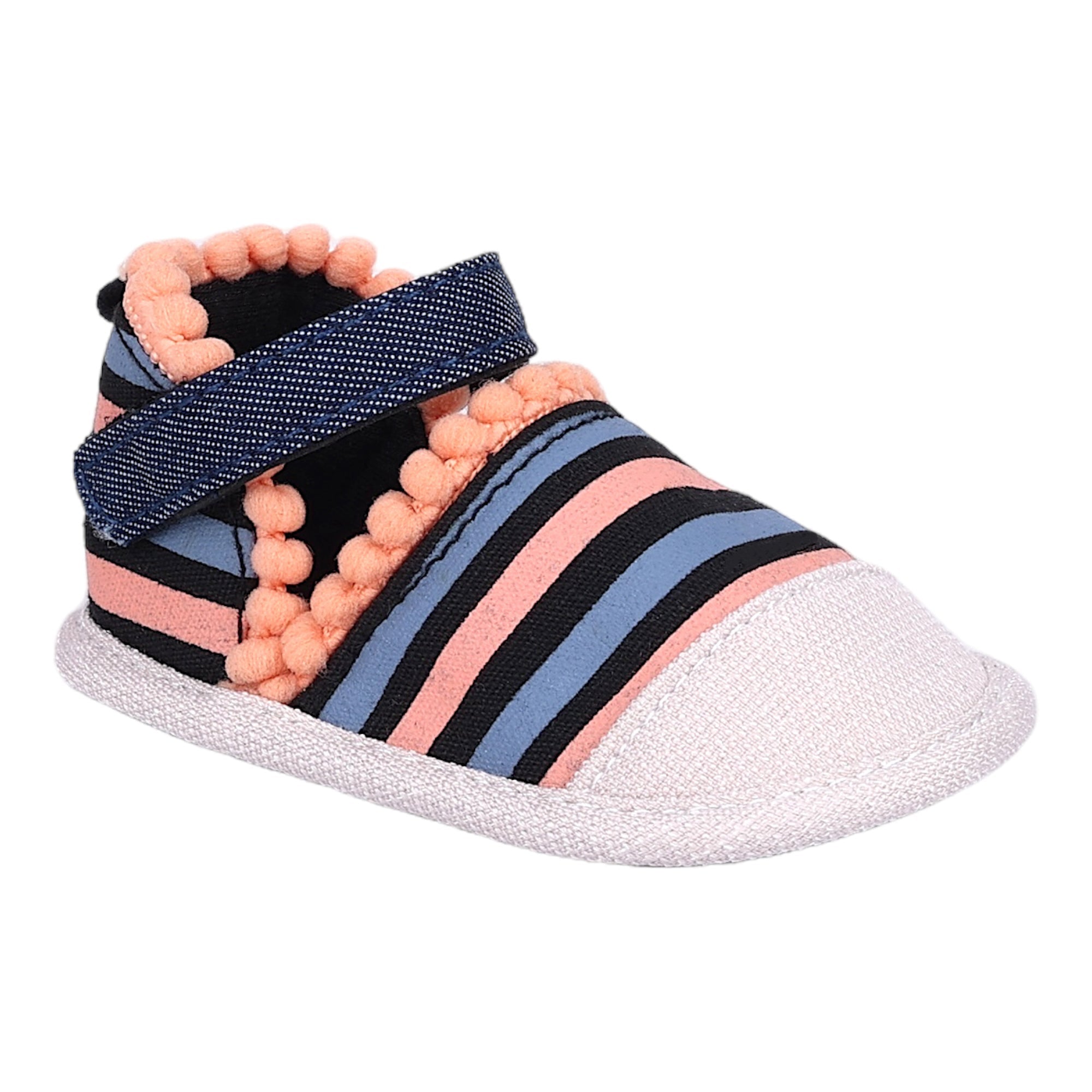 Baby Moo Striped Handmade Pom Pom Trim Velcro Straps Anti-Skid Sandals - Peach, Black