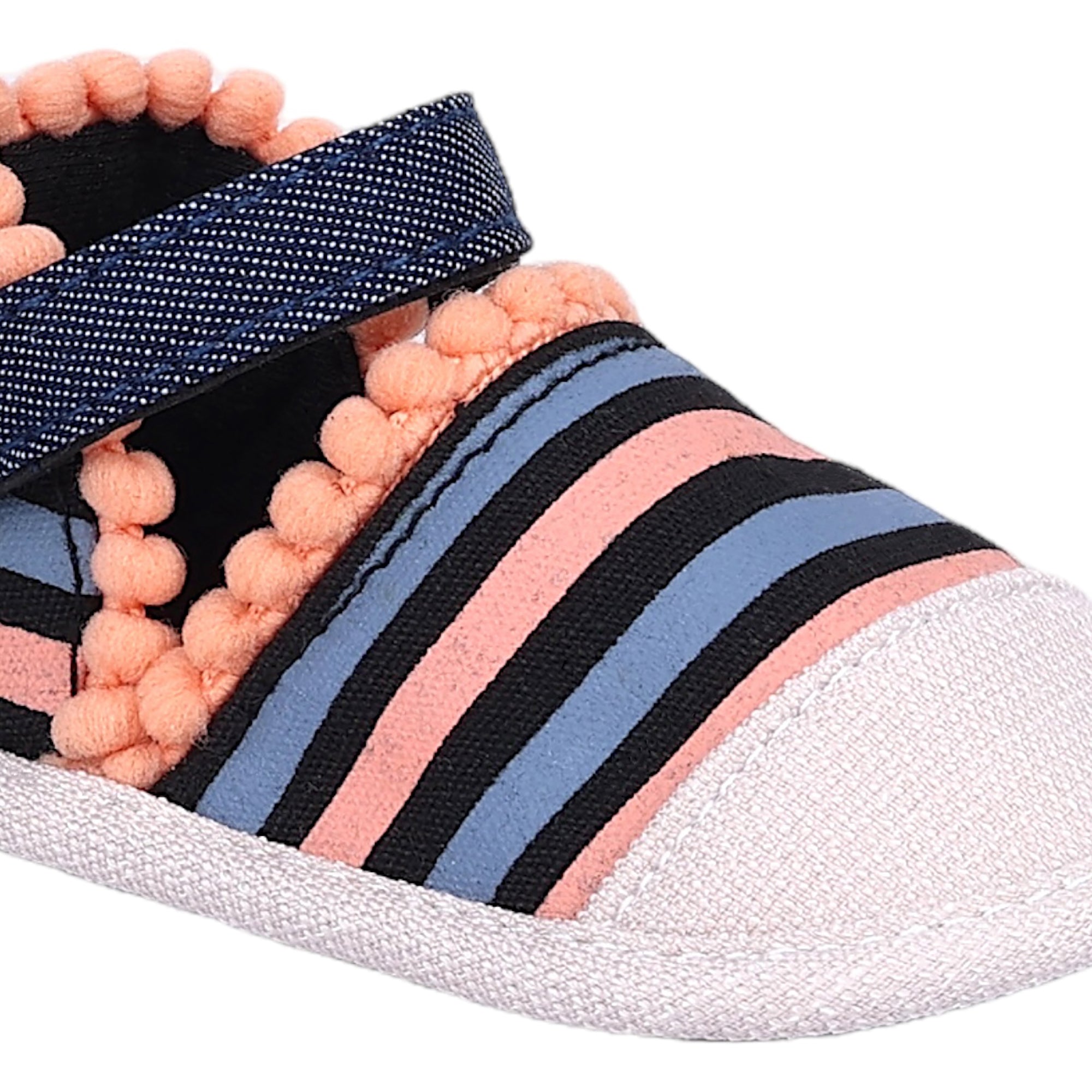 Baby Moo Striped Handmade Pom Pom Trim Velcro Straps Anti-Skid Sandals - Peach, Black