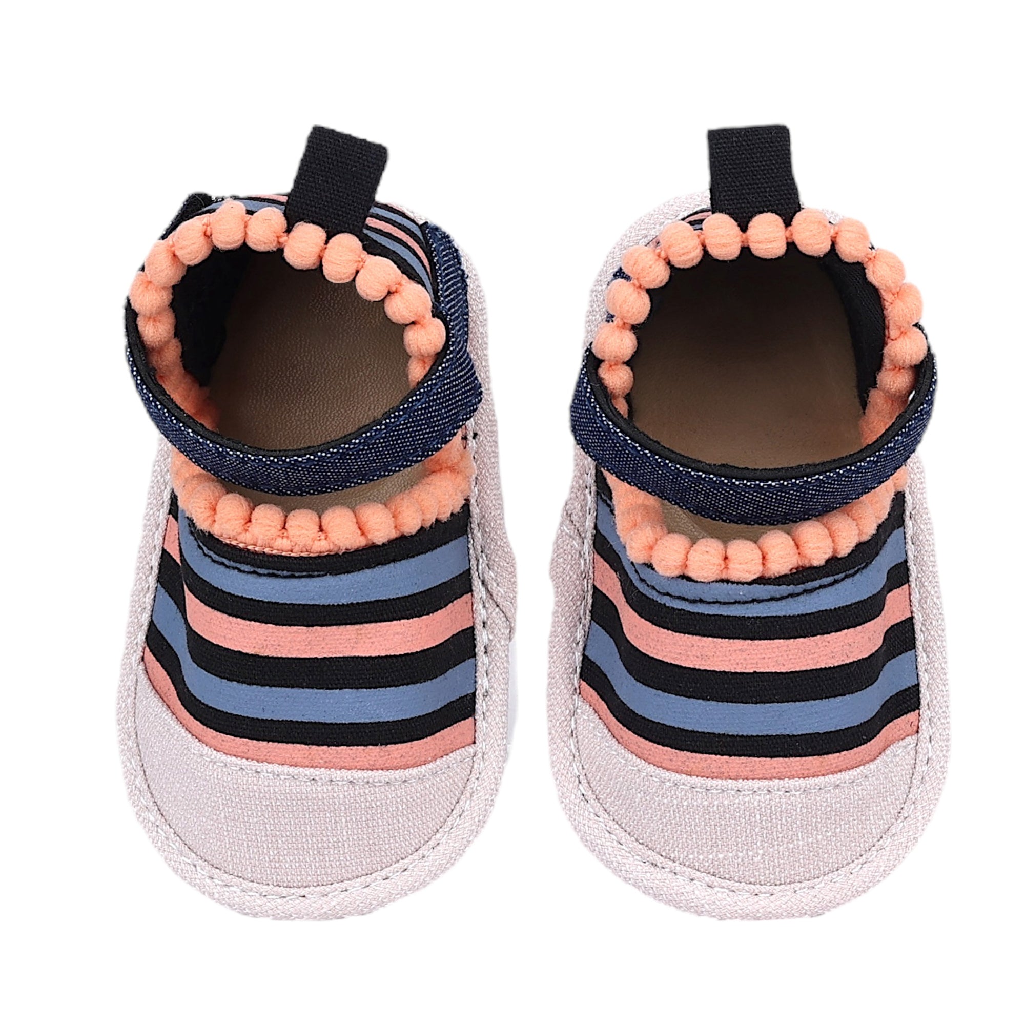 Baby Moo Striped Handmade Pom Pom Trim Velcro Straps Anti-Skid Sandals - Peach, Black