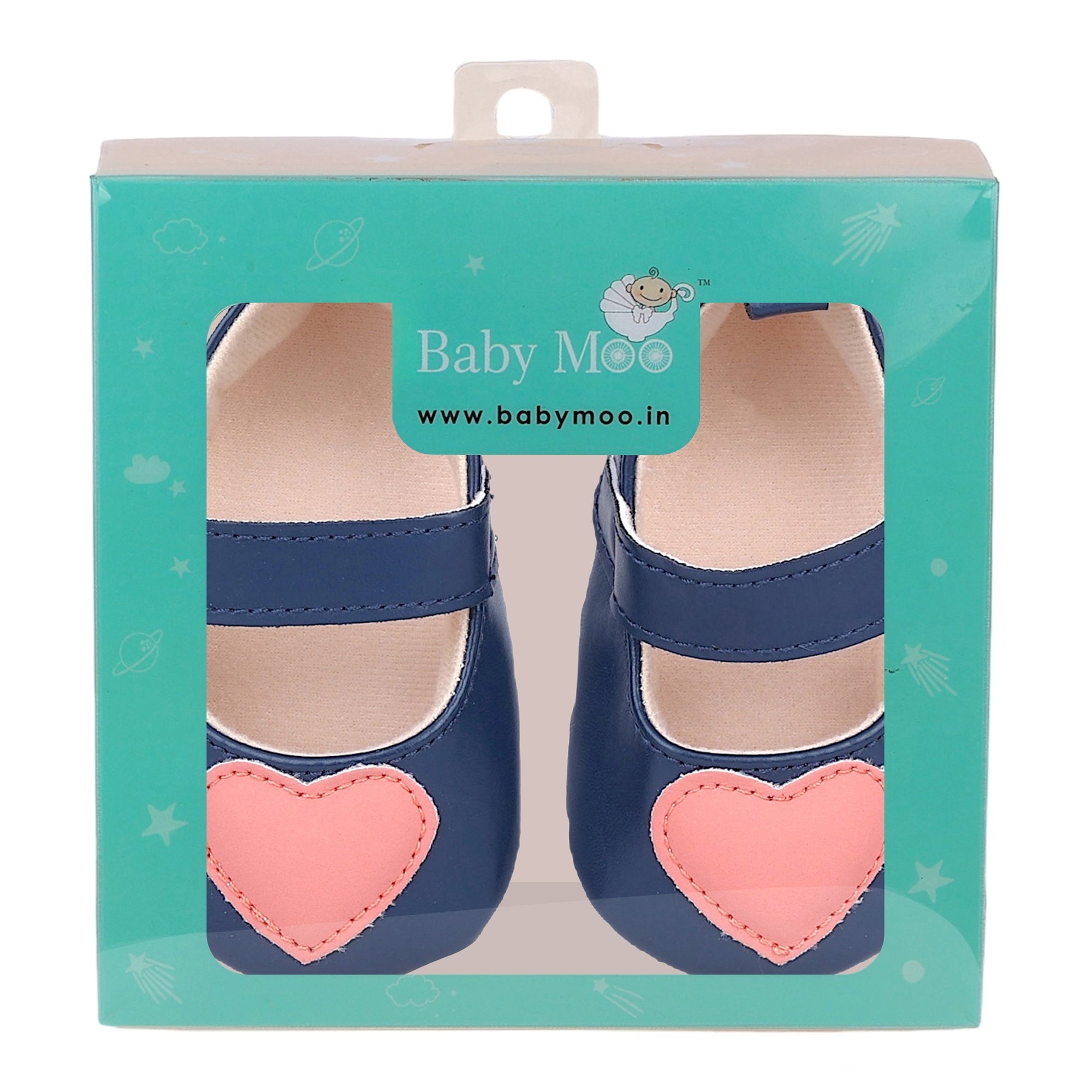 Baby Moo Sweet Heart Anti-Skid Elastic Strap Ballerina Booties - Navy Blue, Peach