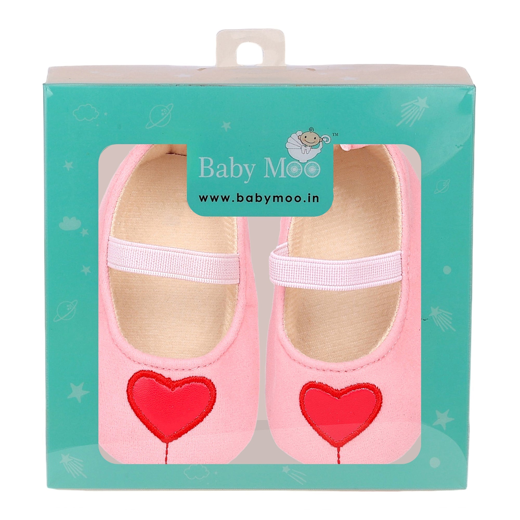 Baby Moo Sweet Heart Anti-Skid Elastic Strap Ballerina Booties - Pink, Red