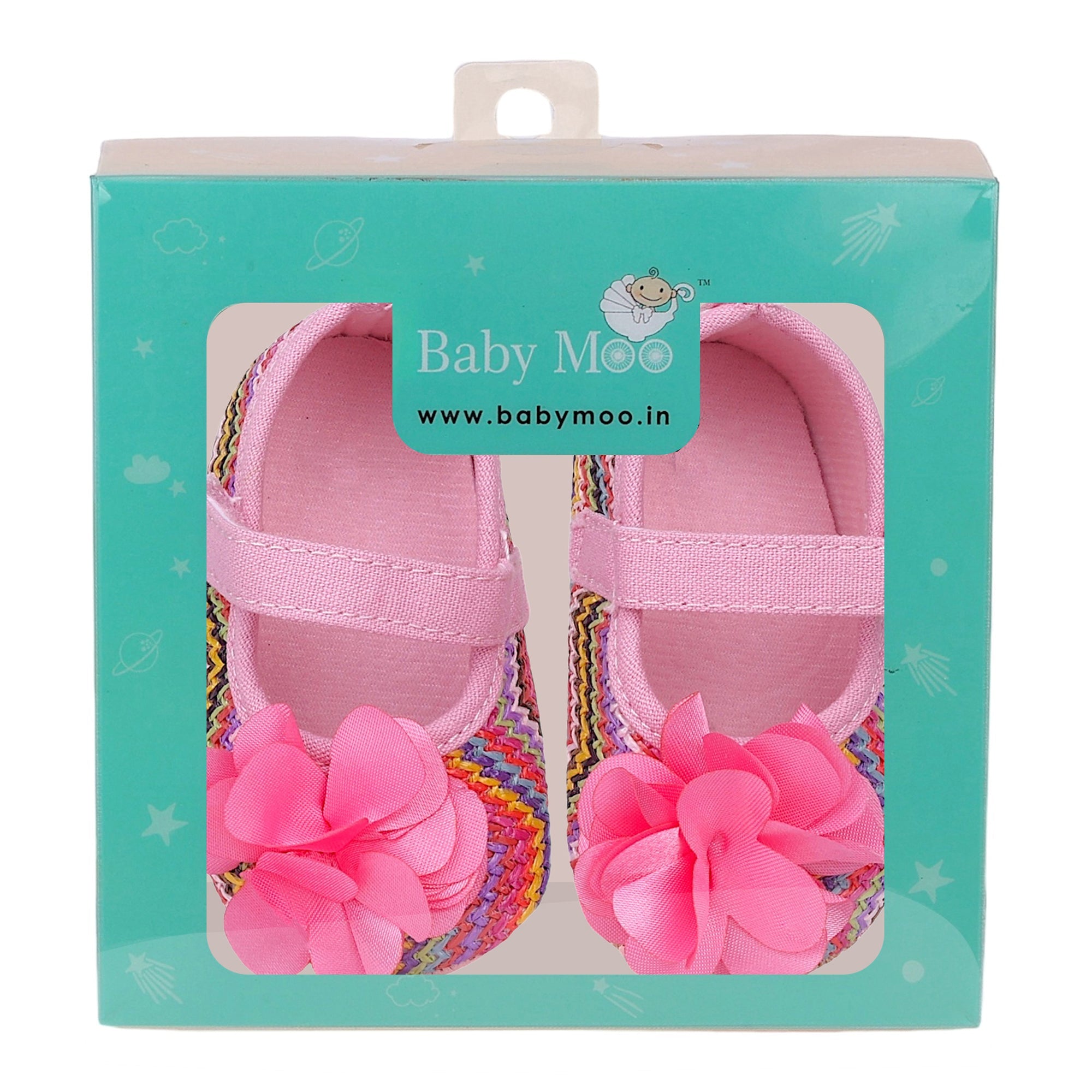 Baby Moo Embellished Petals Colourful Woven Anti-Skid Ballerina Booties - Pink