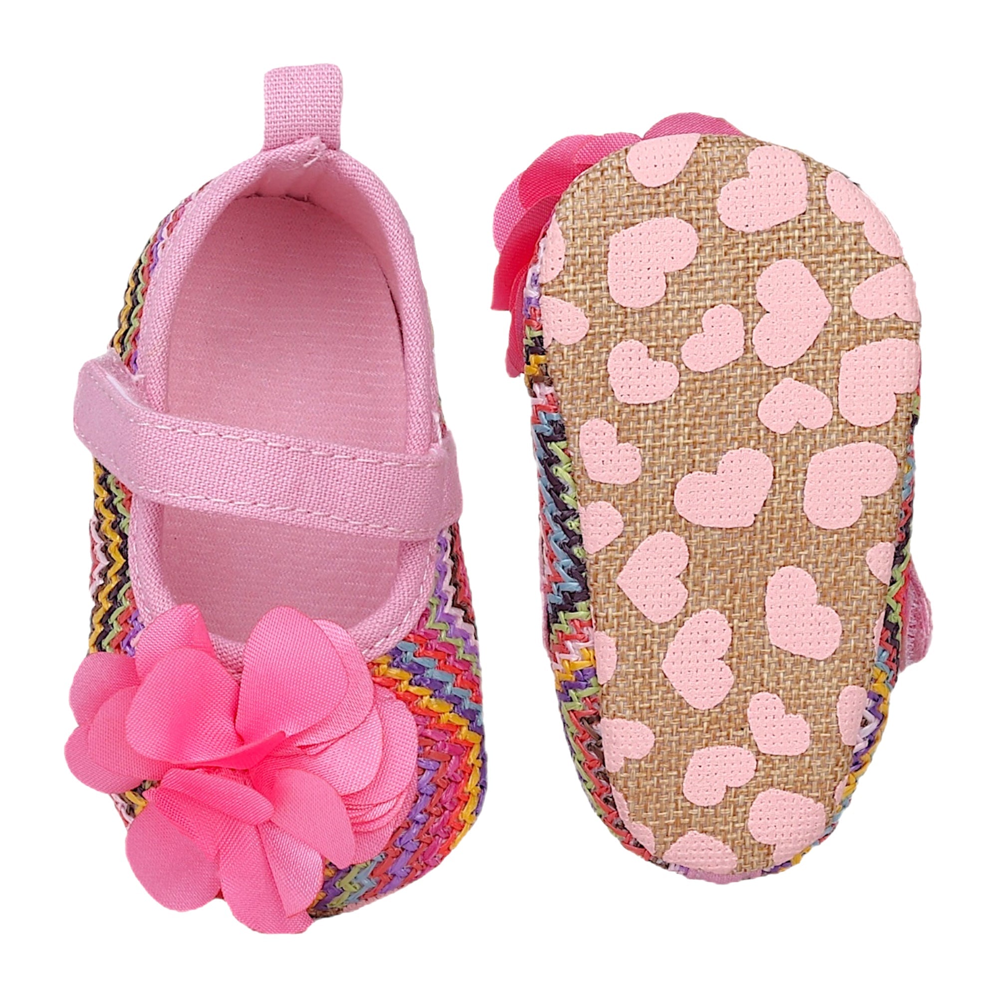 Baby Moo Embellished Petals Colourful Woven Anti-Skid Ballerina Booties - Pink