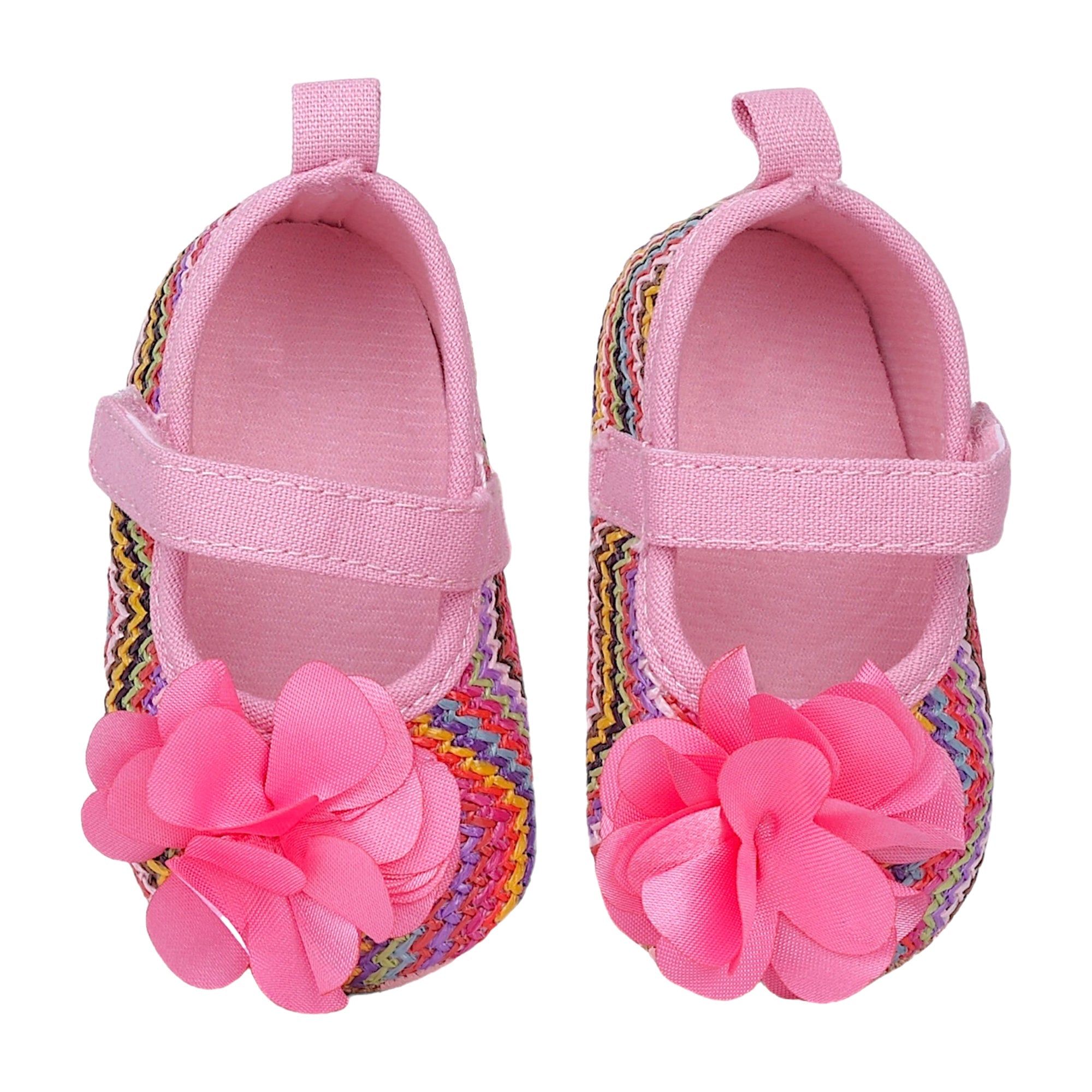 Baby Moo Embellished Petals Colourful Woven Anti-Skid Ballerina Booties - Pink