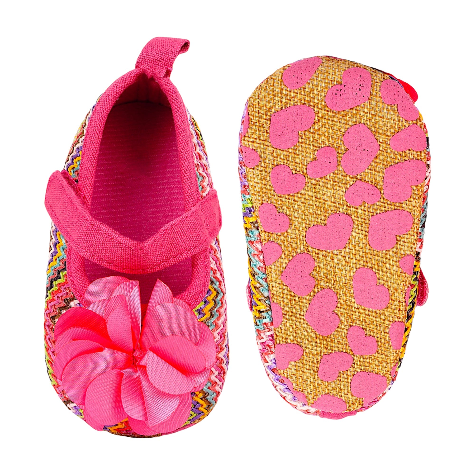 Baby Moo Embellished Flower Colourful Woven Anti-Skid Ballerina Booties - Pink