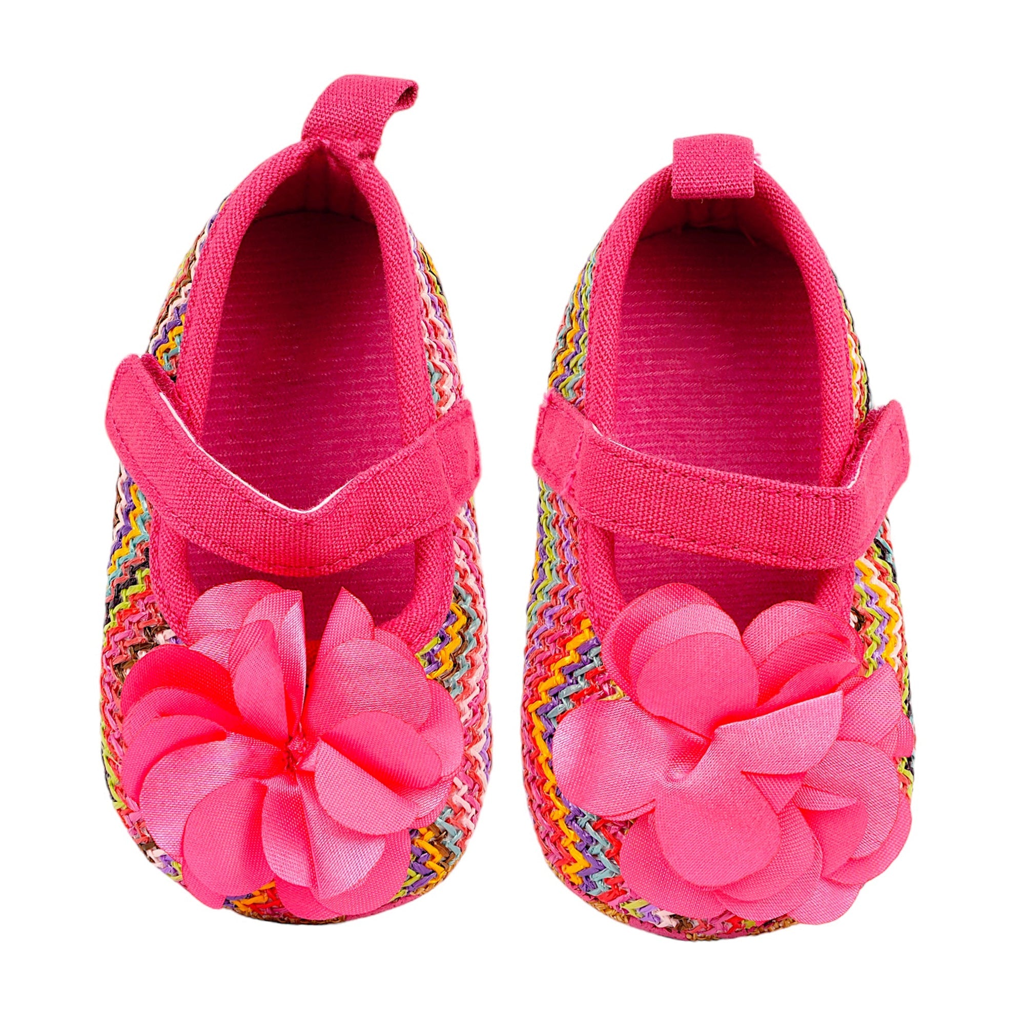 Baby Moo Embellished Flower Colourful Woven Anti-Skid Ballerina Booties - Pink