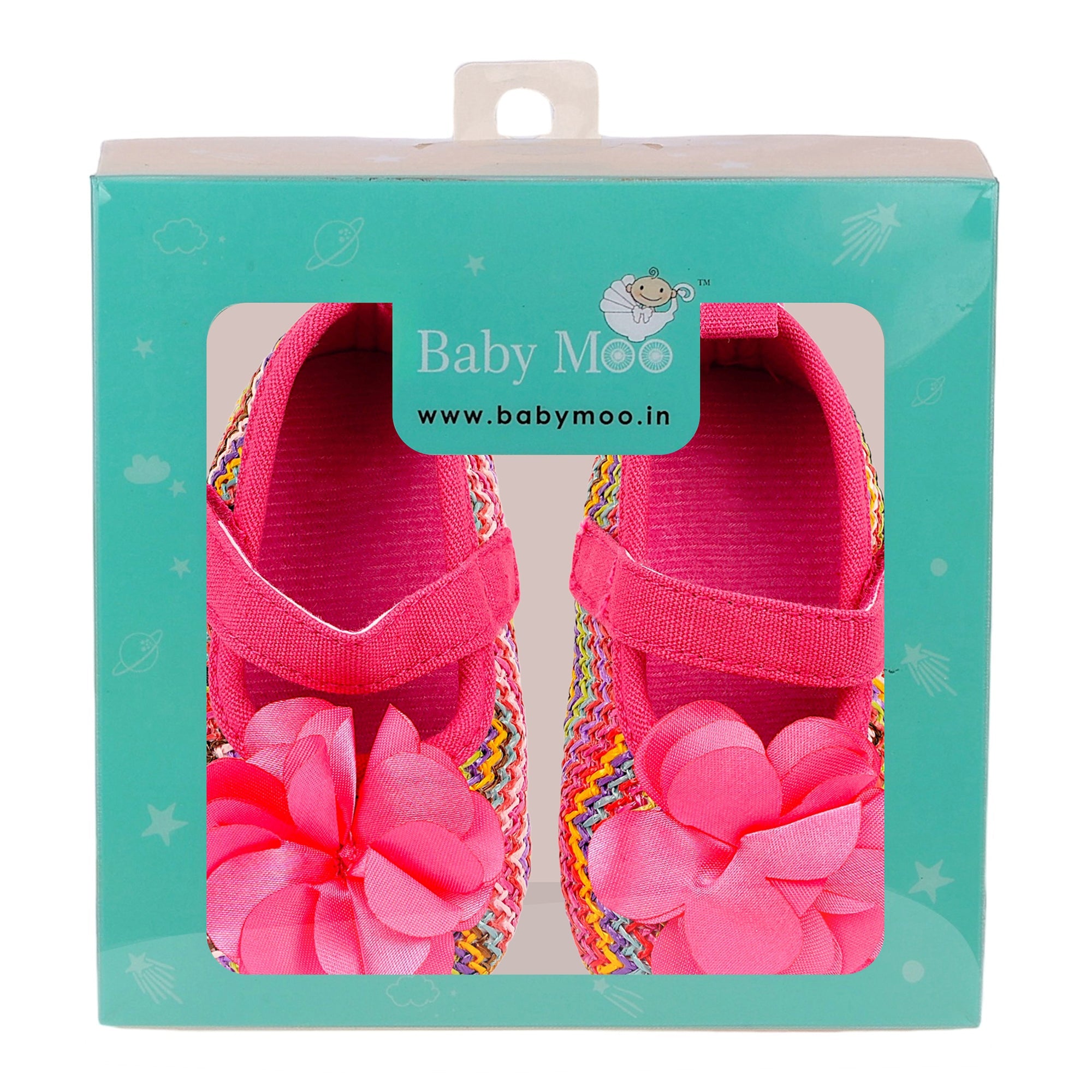 Baby Moo Embellished Flower Colourful Woven Anti-Skid Ballerina Booties - Pink