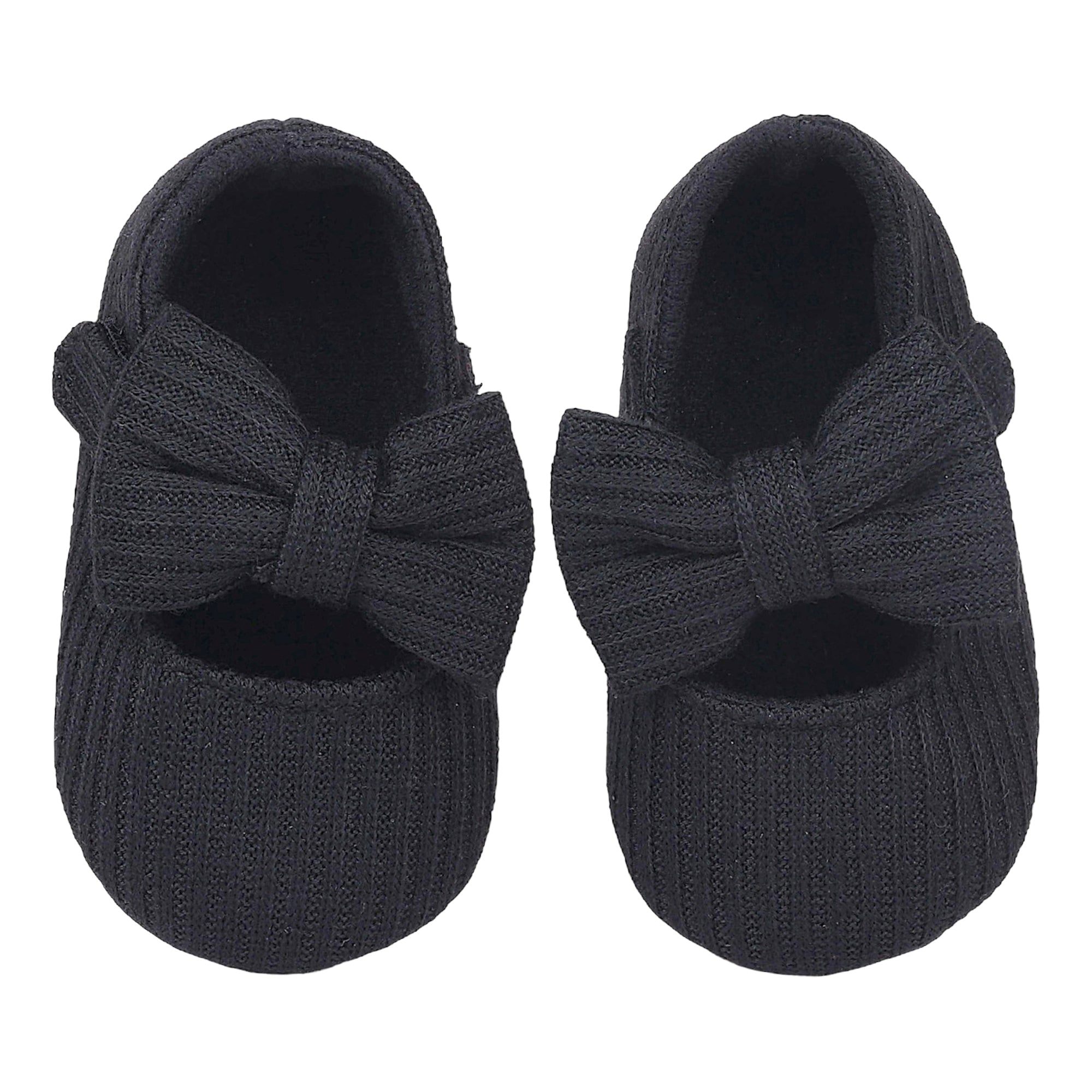 Baby Moo Soft Ribbed Bow Velcro Strap Anti-Skid Ballerina Booties - Black