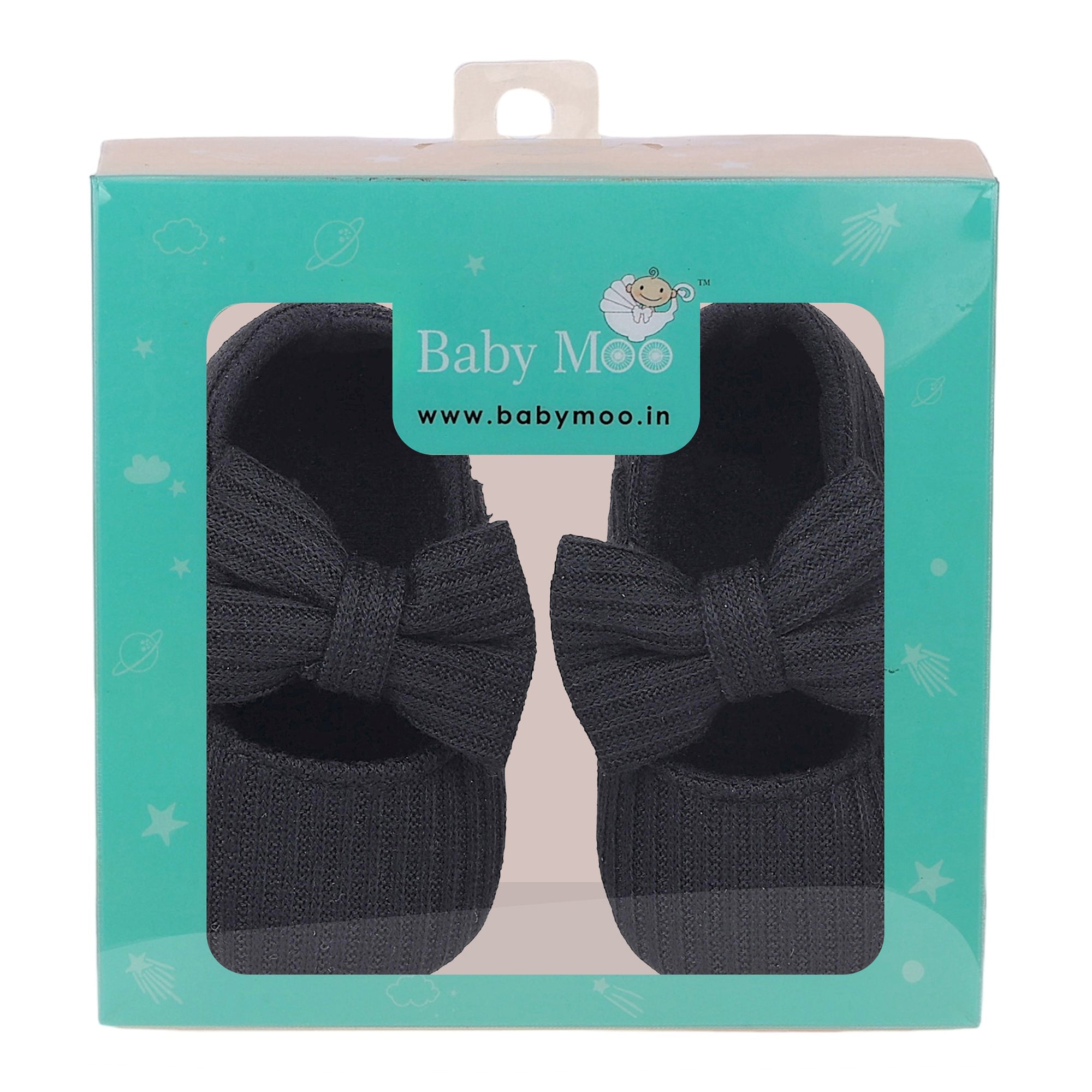 Baby Moo Soft Ribbed Bow Velcro Strap Anti-Skid Ballerina Booties - Black