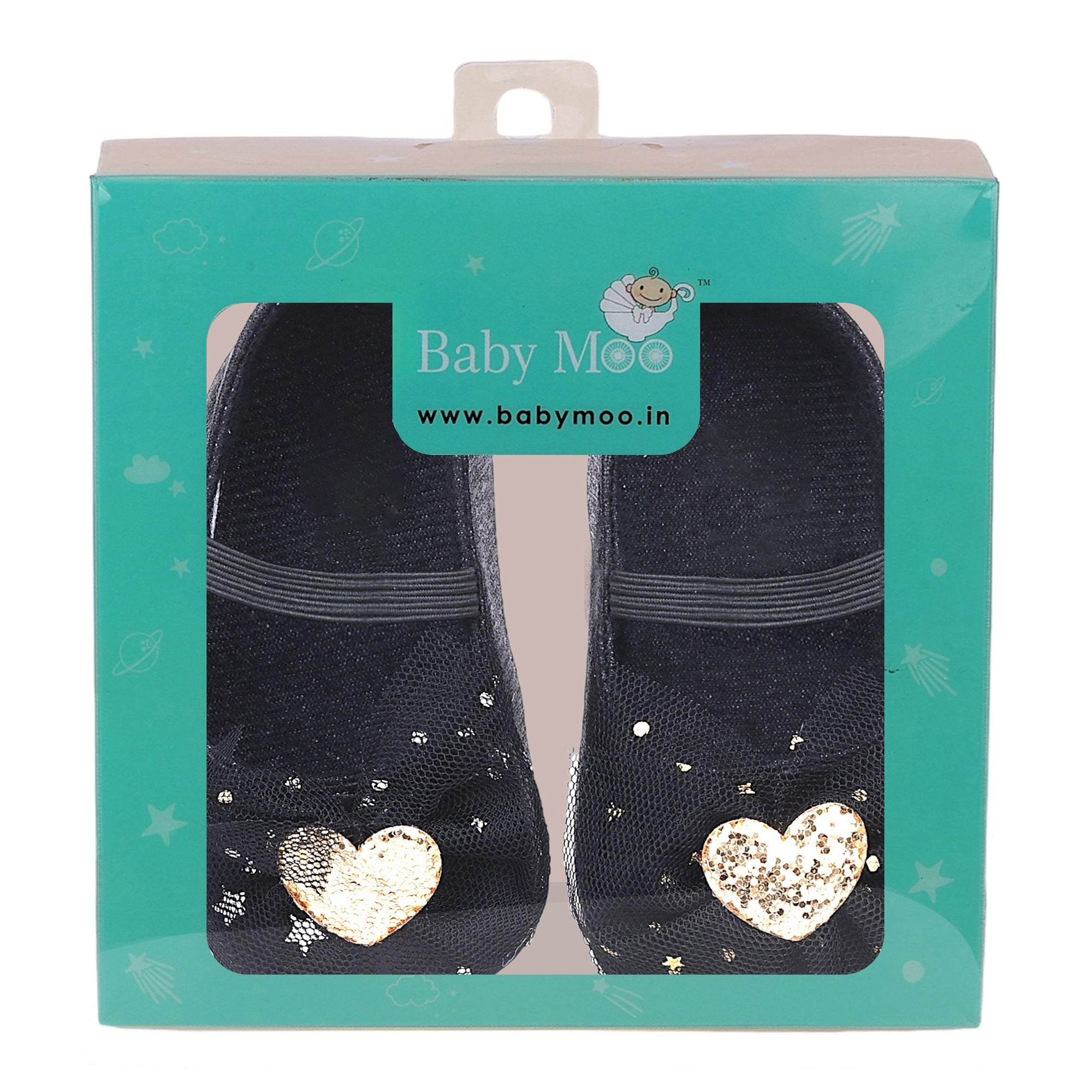 Baby Moo Embellished Bow Glittery Heart Anti-Skid Ballerina Booties - Black