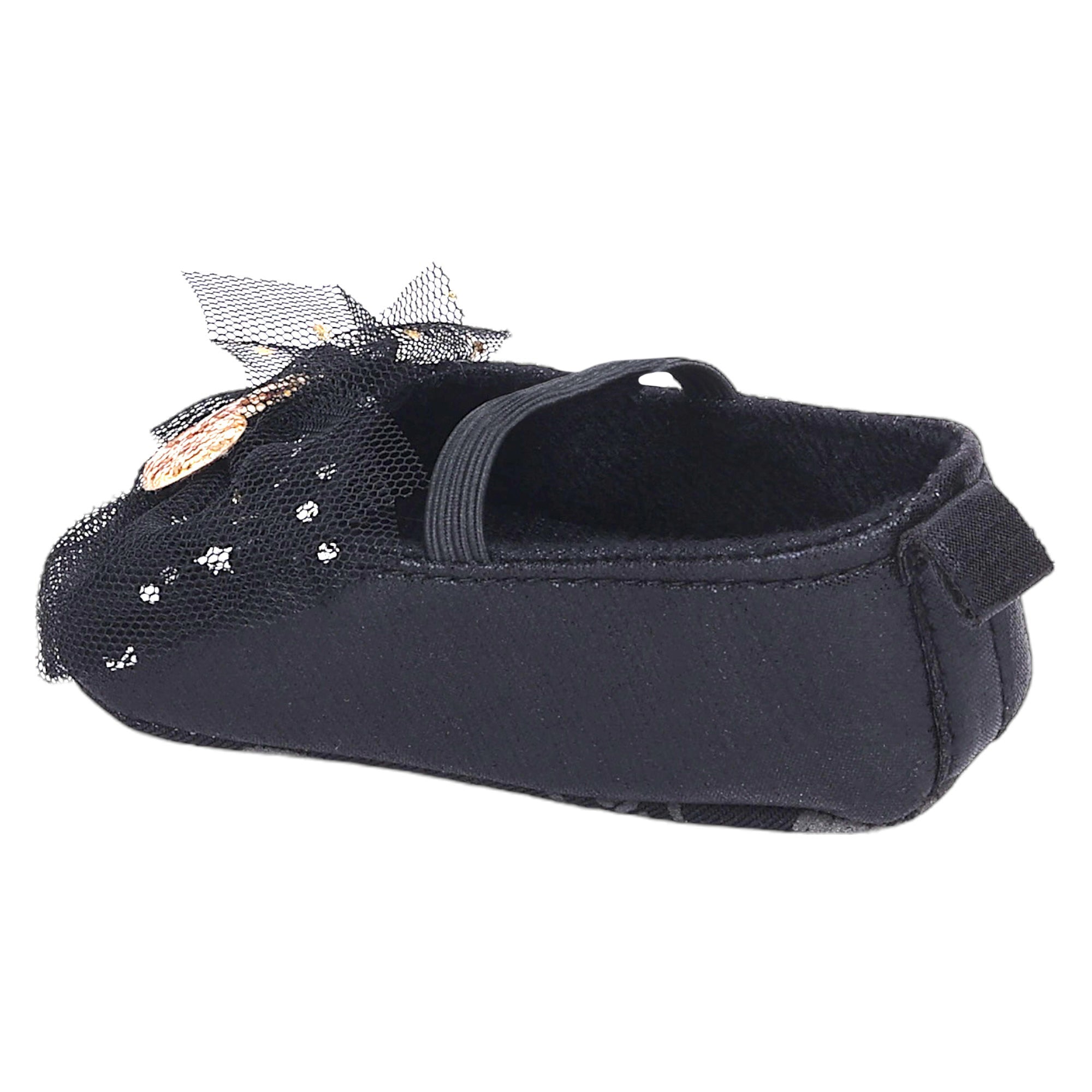 Baby Moo Embellished Bow Glittery Heart Anti-Skid Ballerina Booties - Black