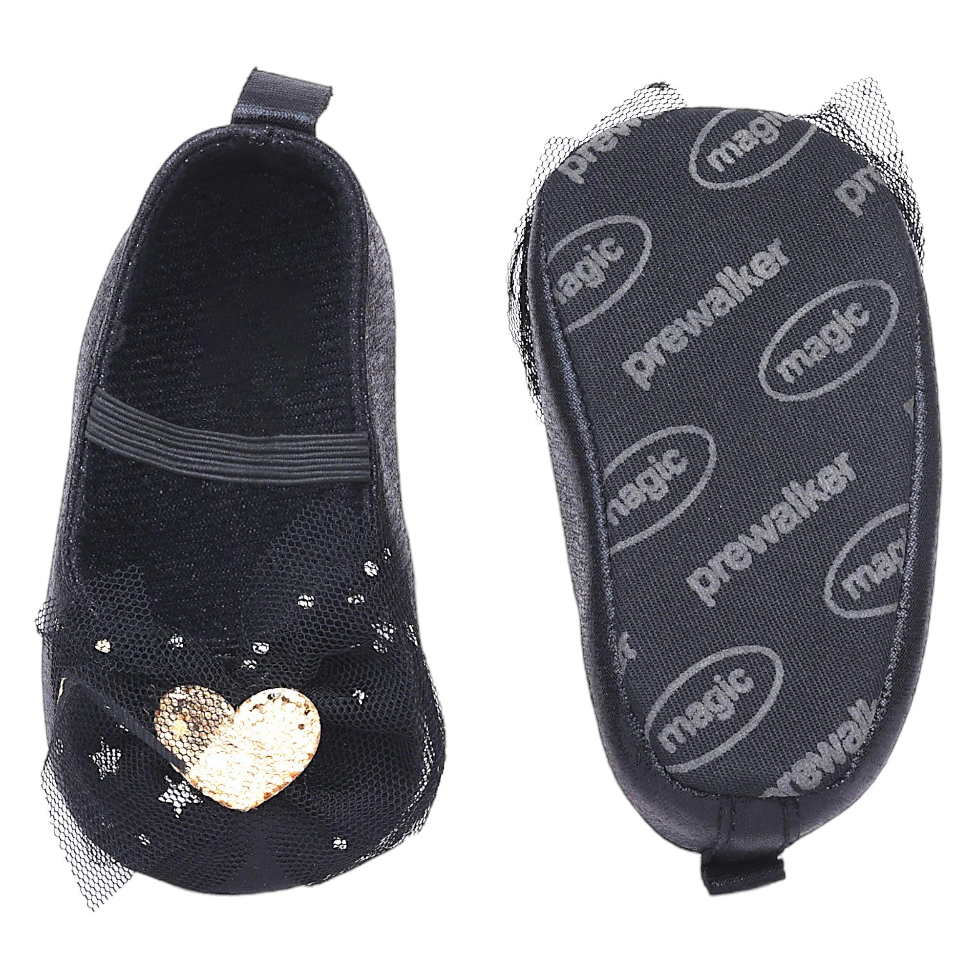 Baby Moo Embellished Bow Glittery Heart Anti-Skid Ballerina Booties - Black