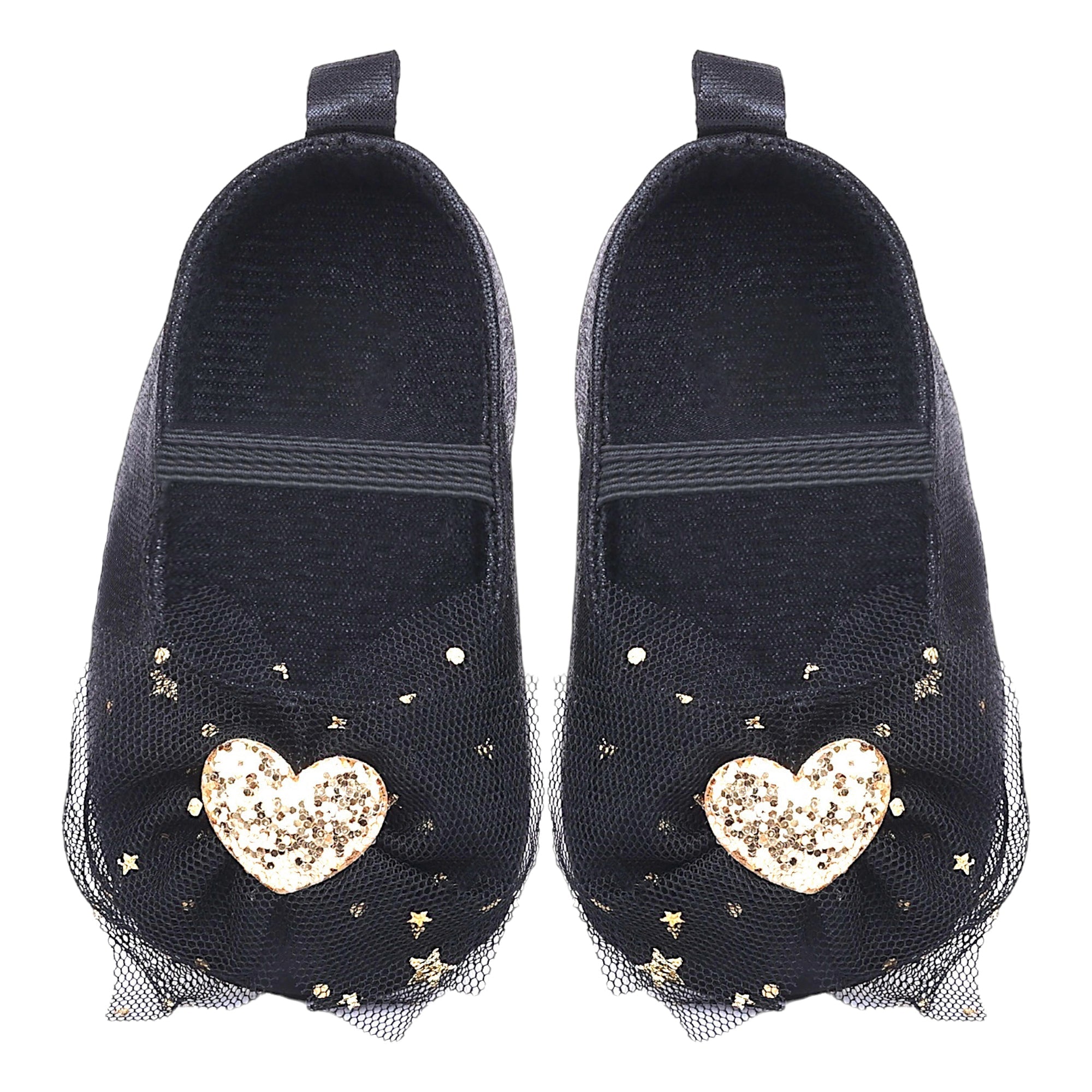 Baby Moo Embellished Bow Glittery Heart Anti-Skid Ballerina Booties - Black