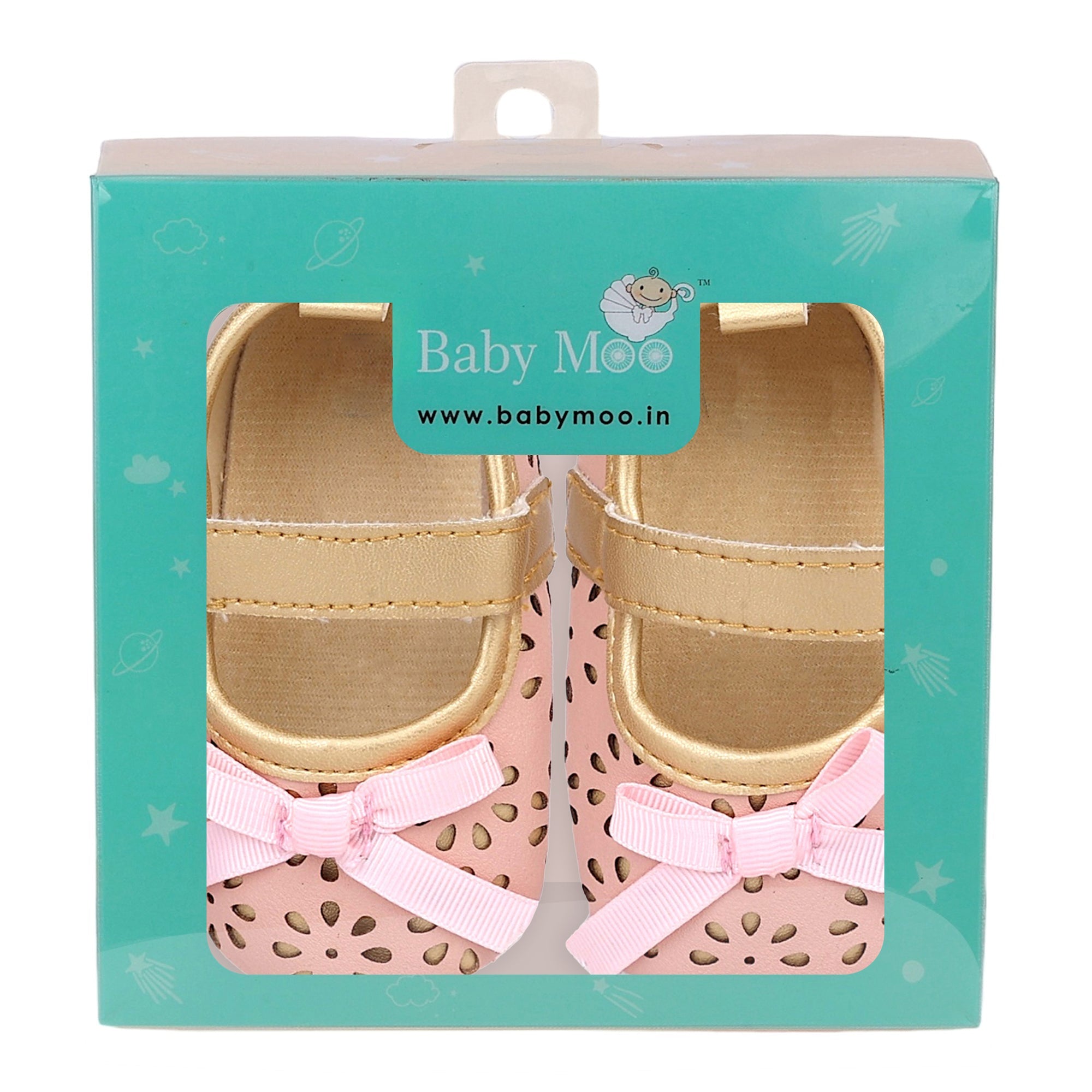 Baby Moo Flower Cut-Out Bow Velcro Strap Anti-Skid Ballerina Booties - Pink